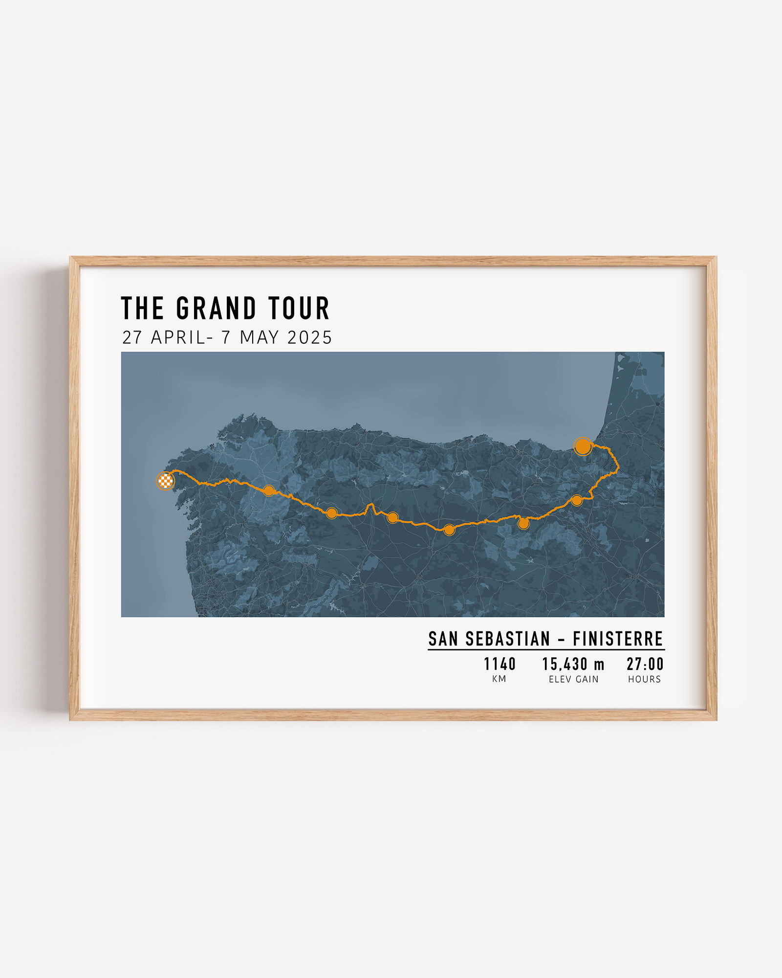 Multi-day bike ride wall art with custom route, elevation, and stats