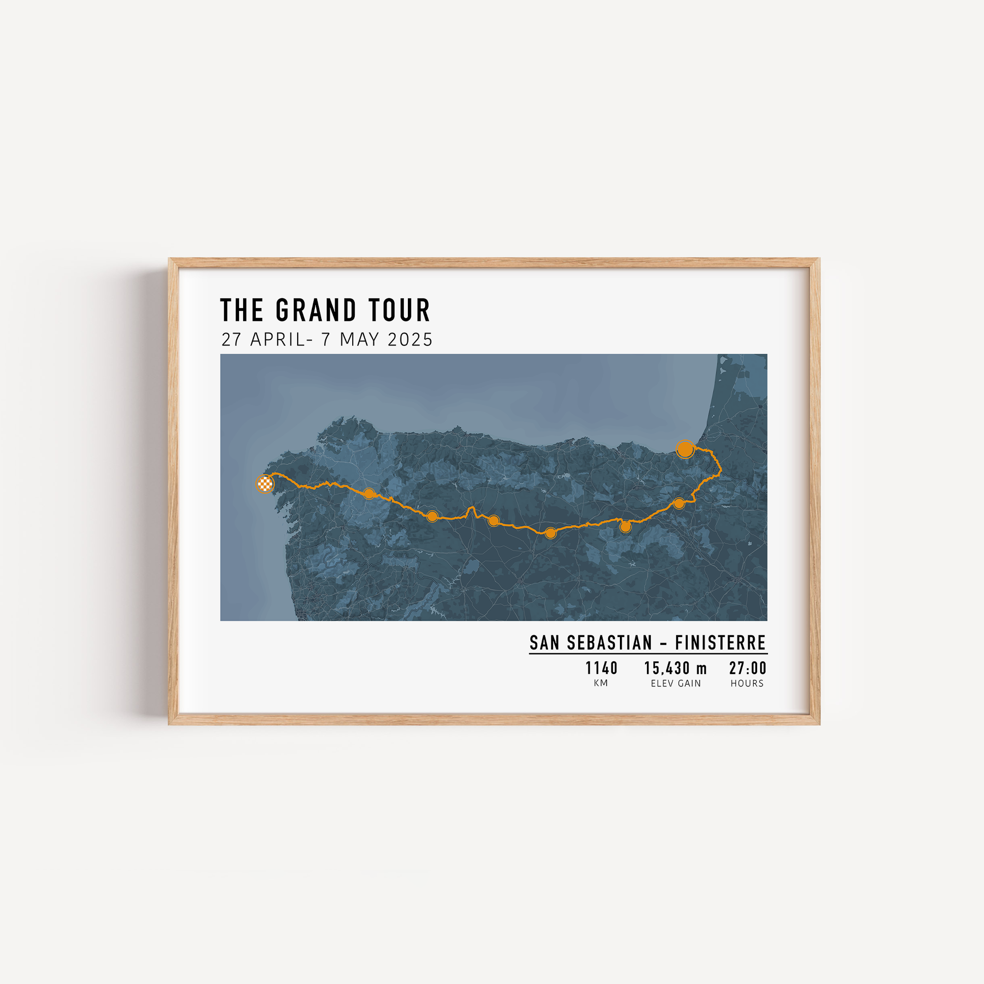 Multi-day bike ride wall art with custom route, elevation, and stats