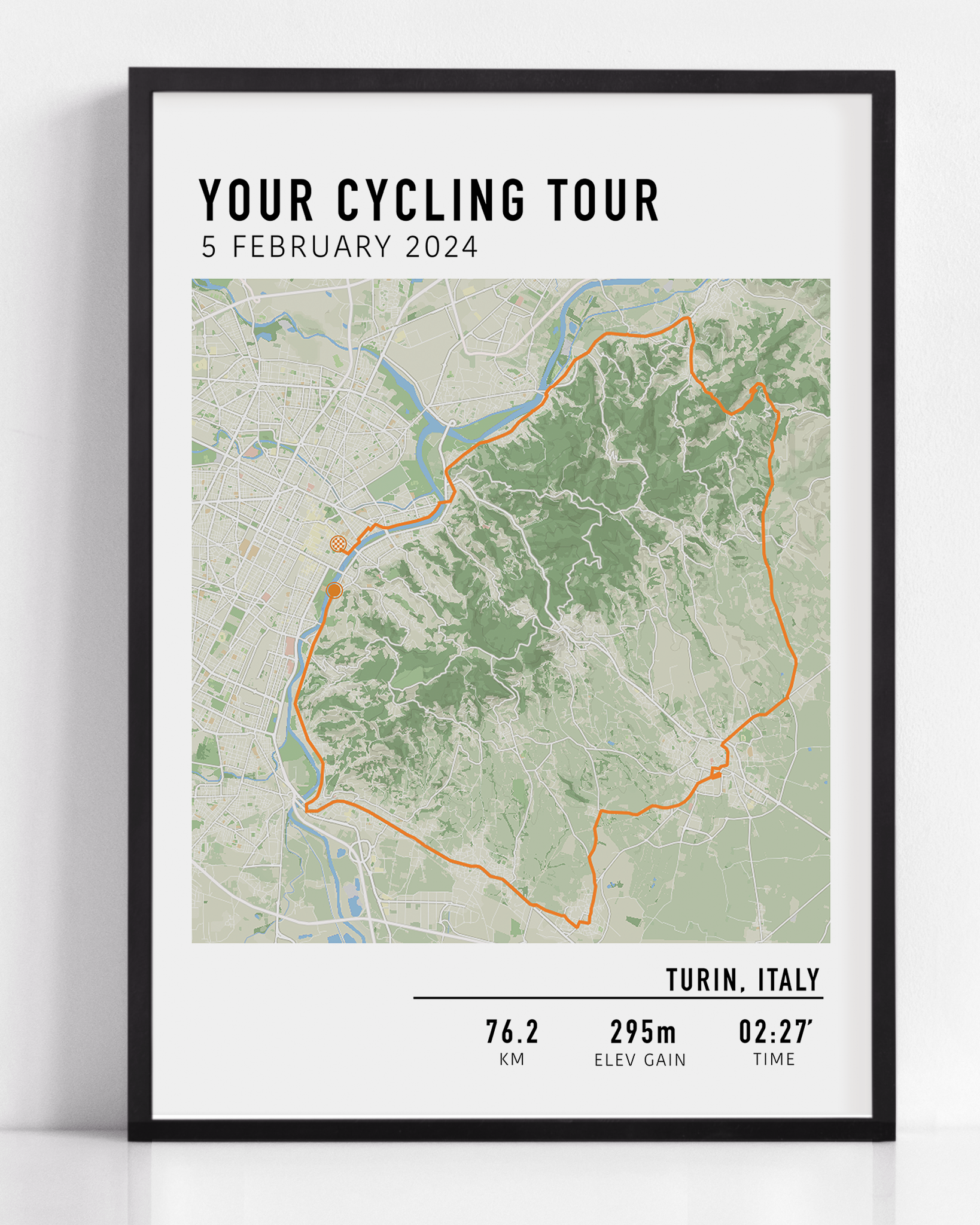 Custom cycling route print featuring a minimalist line map of a bike ride, personalized with route data uploaded by the rider, including distance, date, and location.