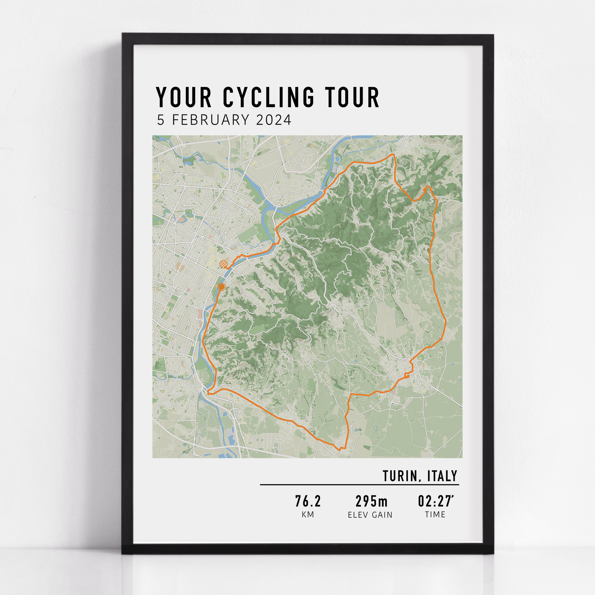 Custom cycling route print featuring a minimalist line map of a bike ride, personalized with route data uploaded by the rider, including distance, date, and location.