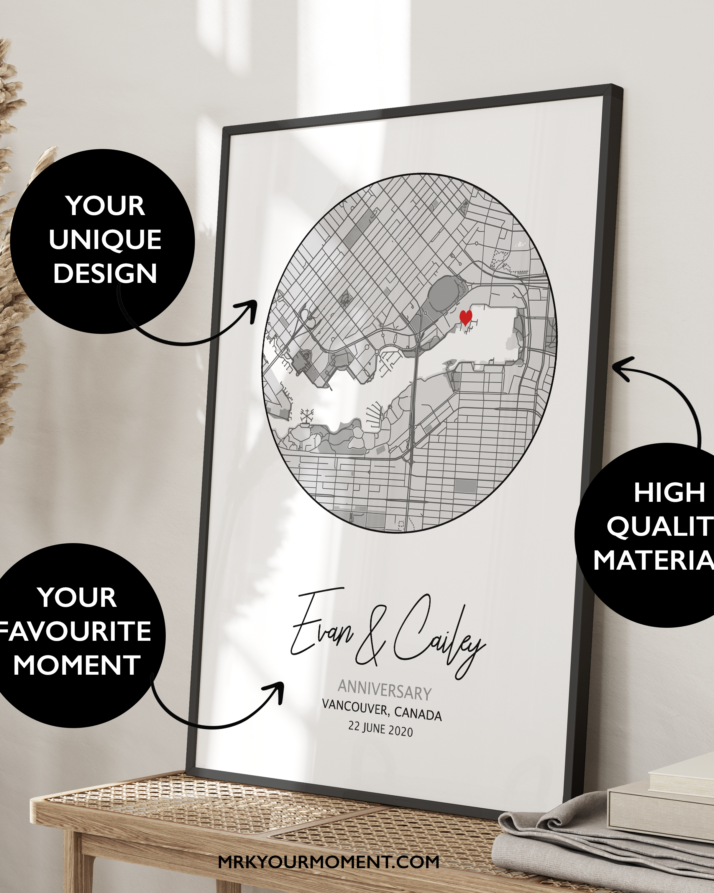 A framed print of a custom 1 year anniversary gift. This custom map print shows the circle anniversary map. The design is unique to your date, location and is purchased as a personalized gift.