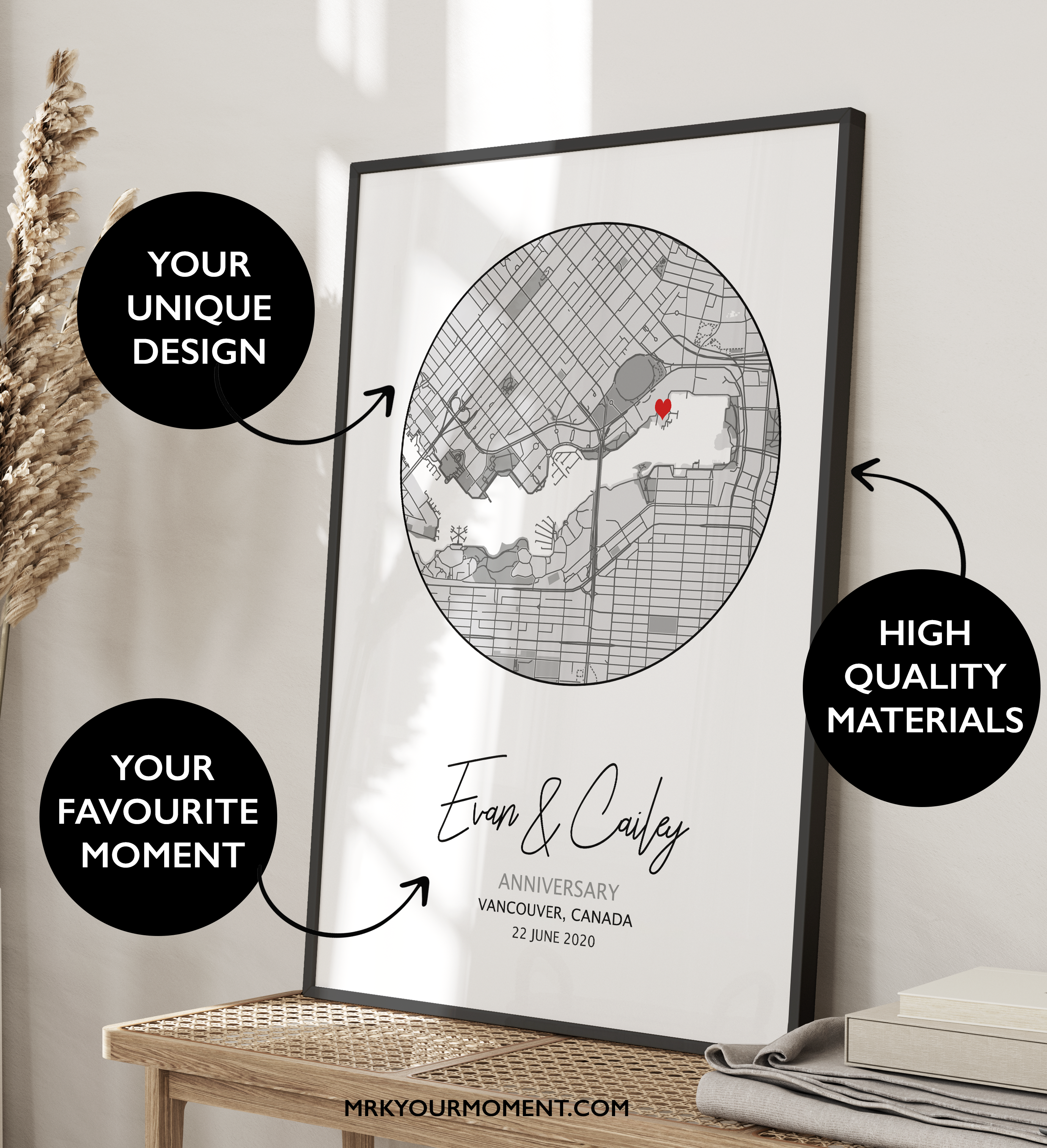 A framed print of a custom 1 year anniversary gift. This custom map print shows the circle anniversary map. The design is unique to your date, location and is purchased as a personalized gift.
