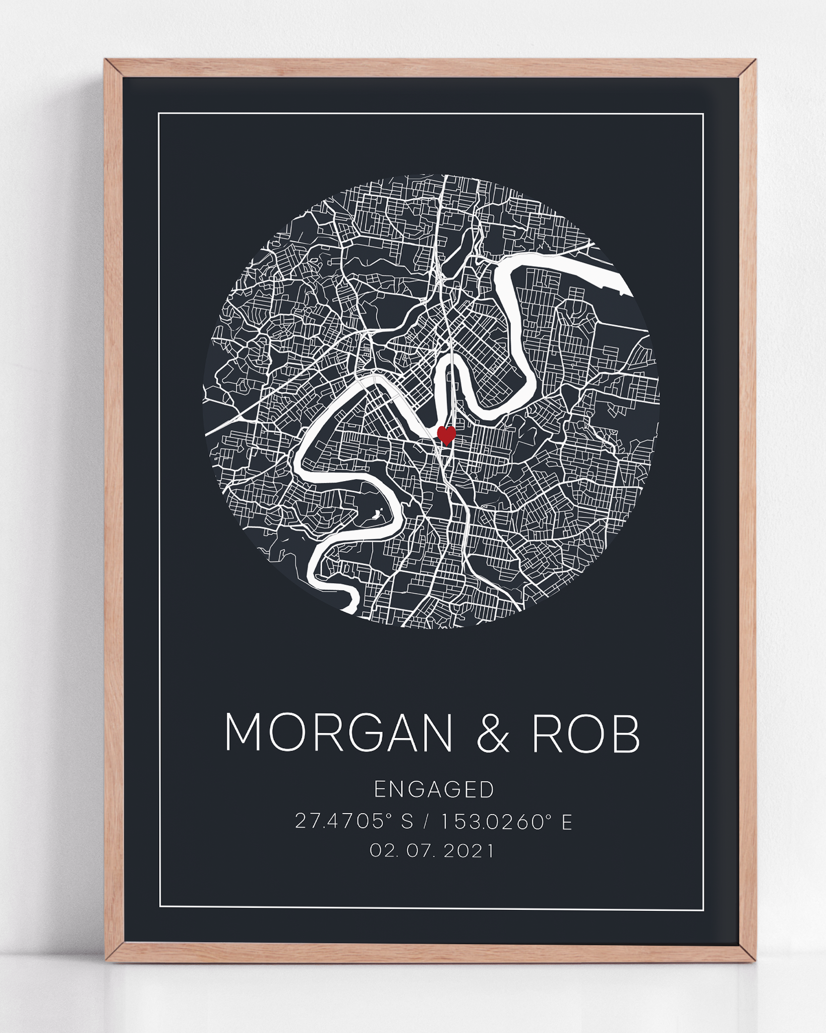 framed engagement gift for newly engaged couple map location print with engagement coordinates