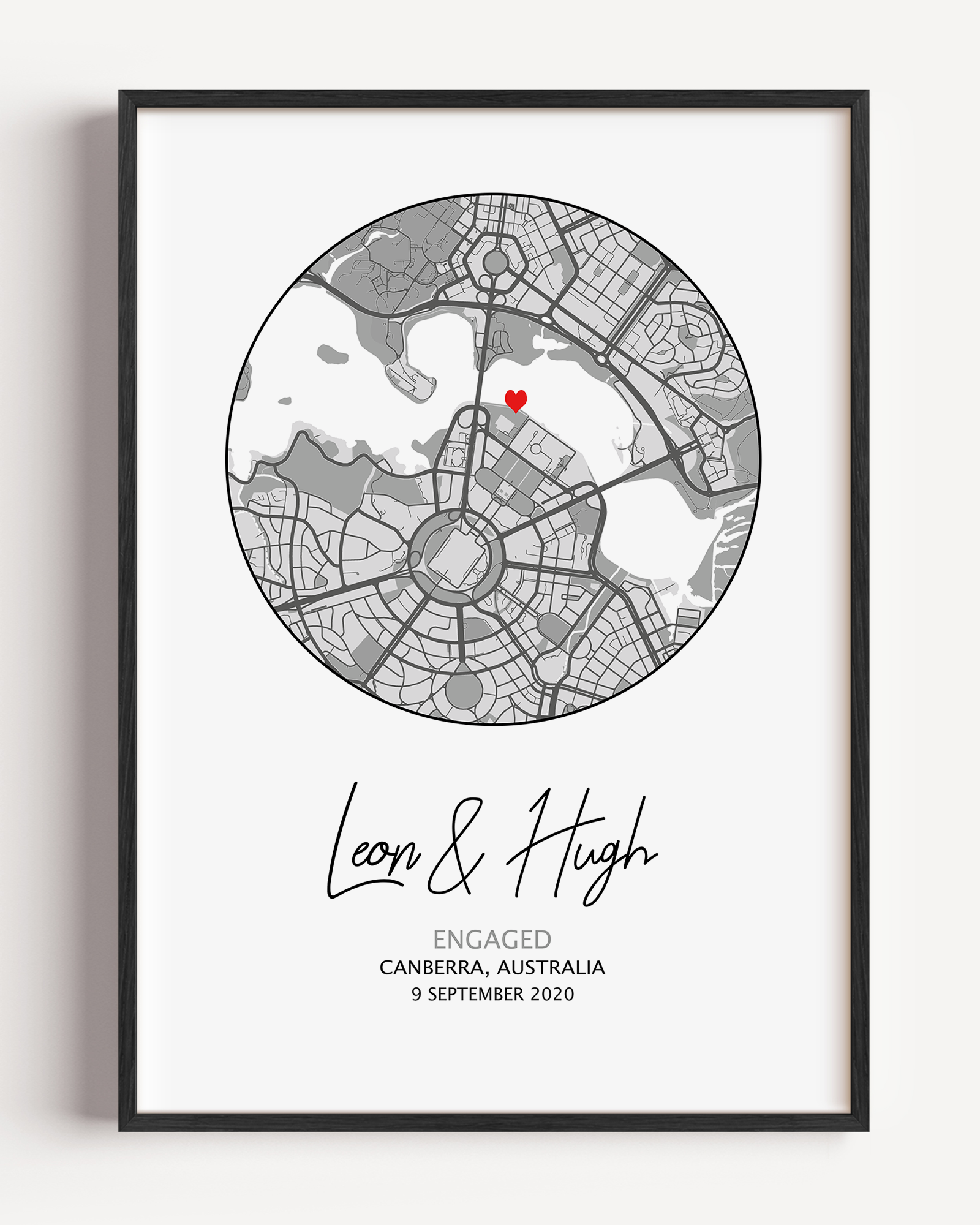Personalized Engagement Circle Map Print featuring custom location, names, and date in a minimalist circular design, ideal engagement gift and wall décor.