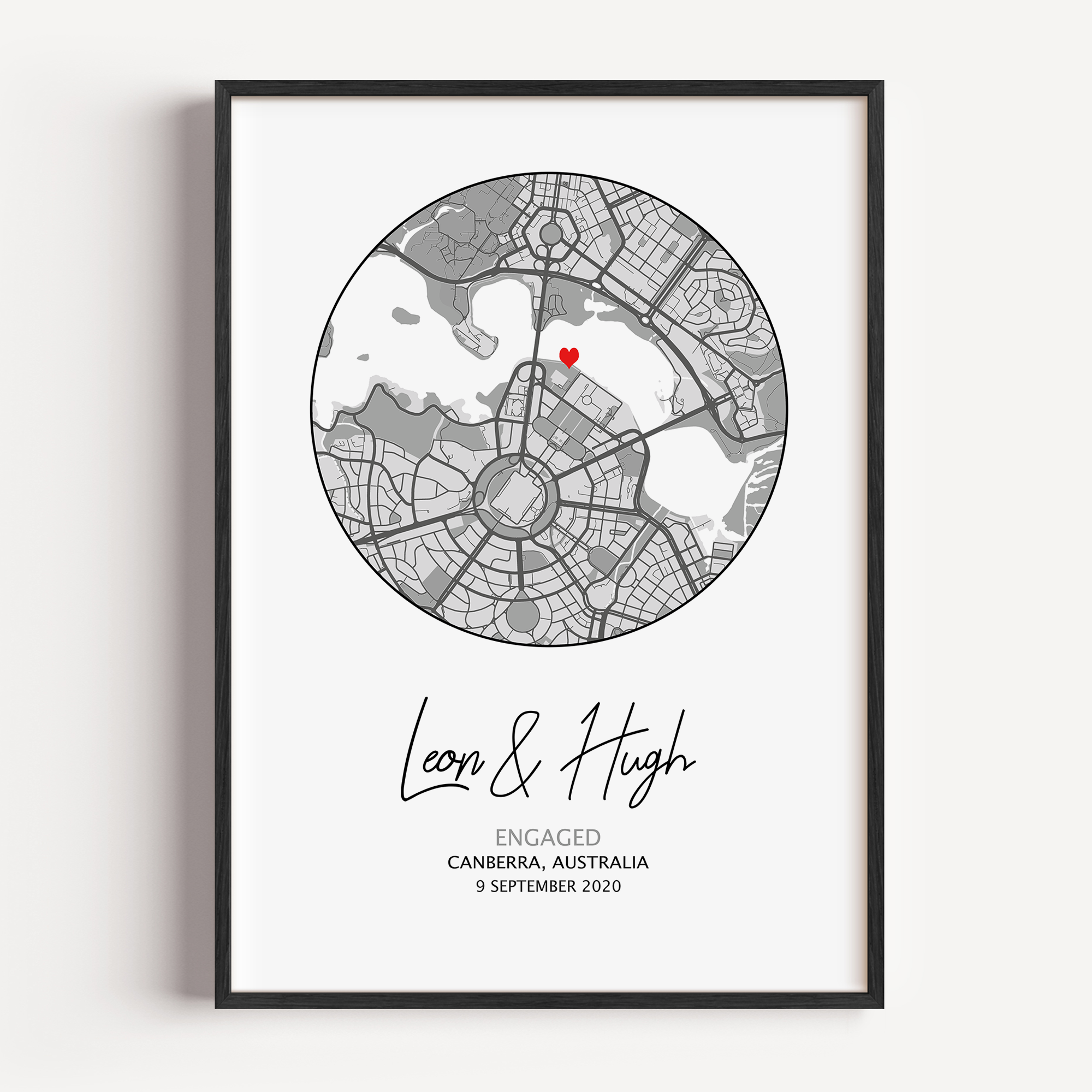 Personalized Engagement Circle Map Print featuring custom location, names, and date in a minimalist circular design, ideal engagement gift and wall décor.