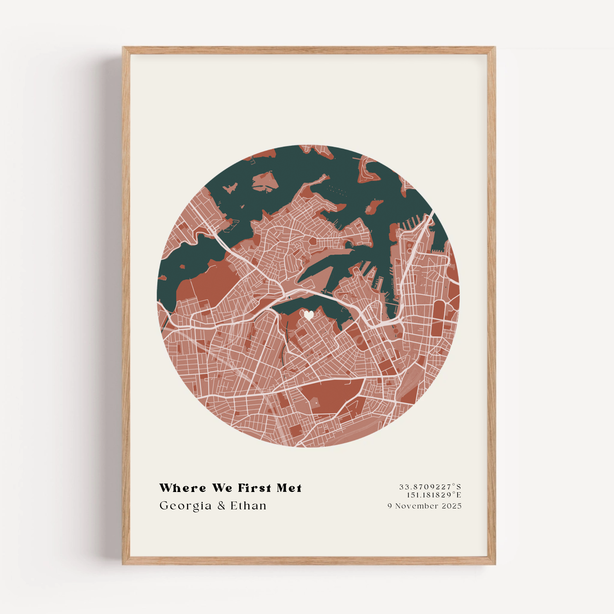 Personalized Where It All Began map print showing custom romantic location in elegant minimalist wall art design