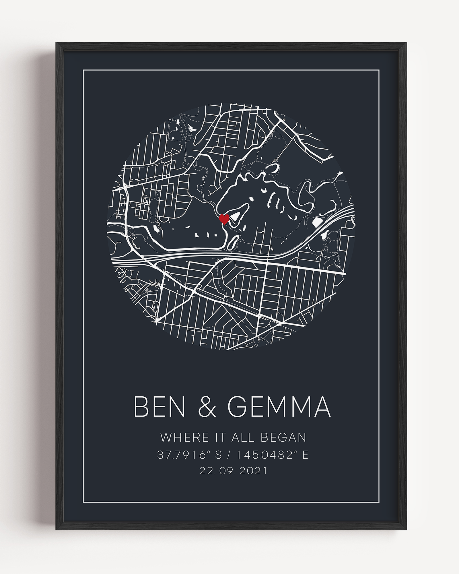 Romantic ‘First Met’ gift print designed with custom couple details like date and location.