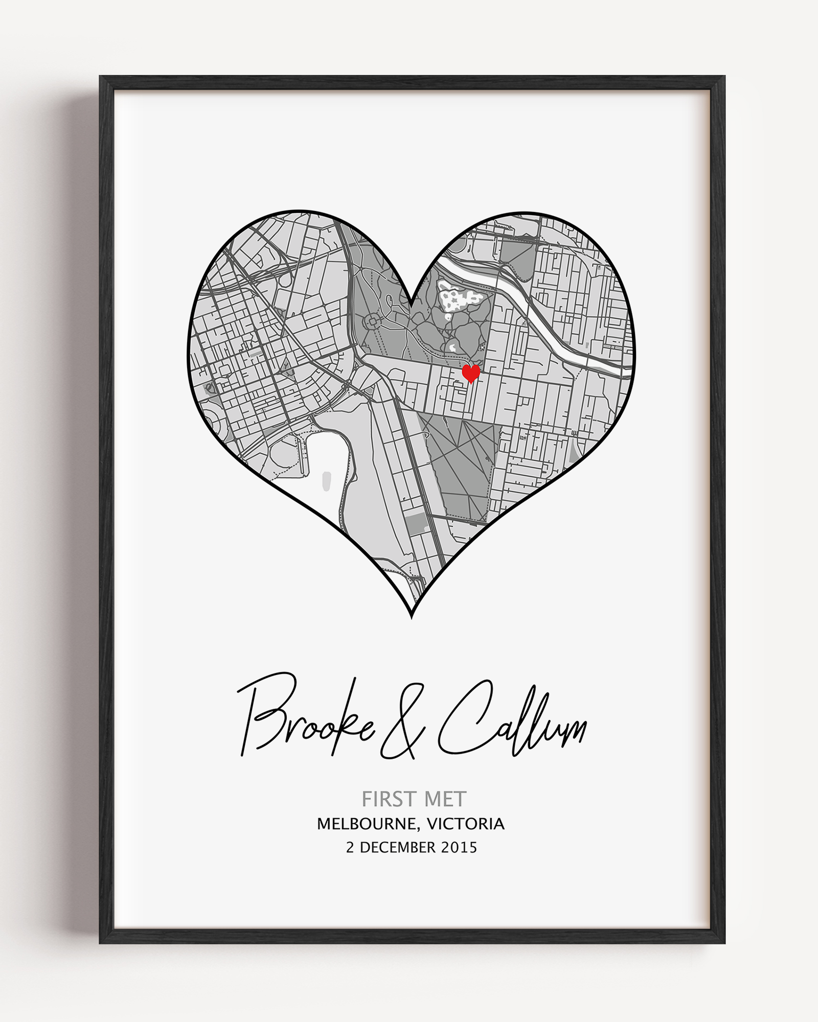 Heart-shaped map print with personalized text first met print