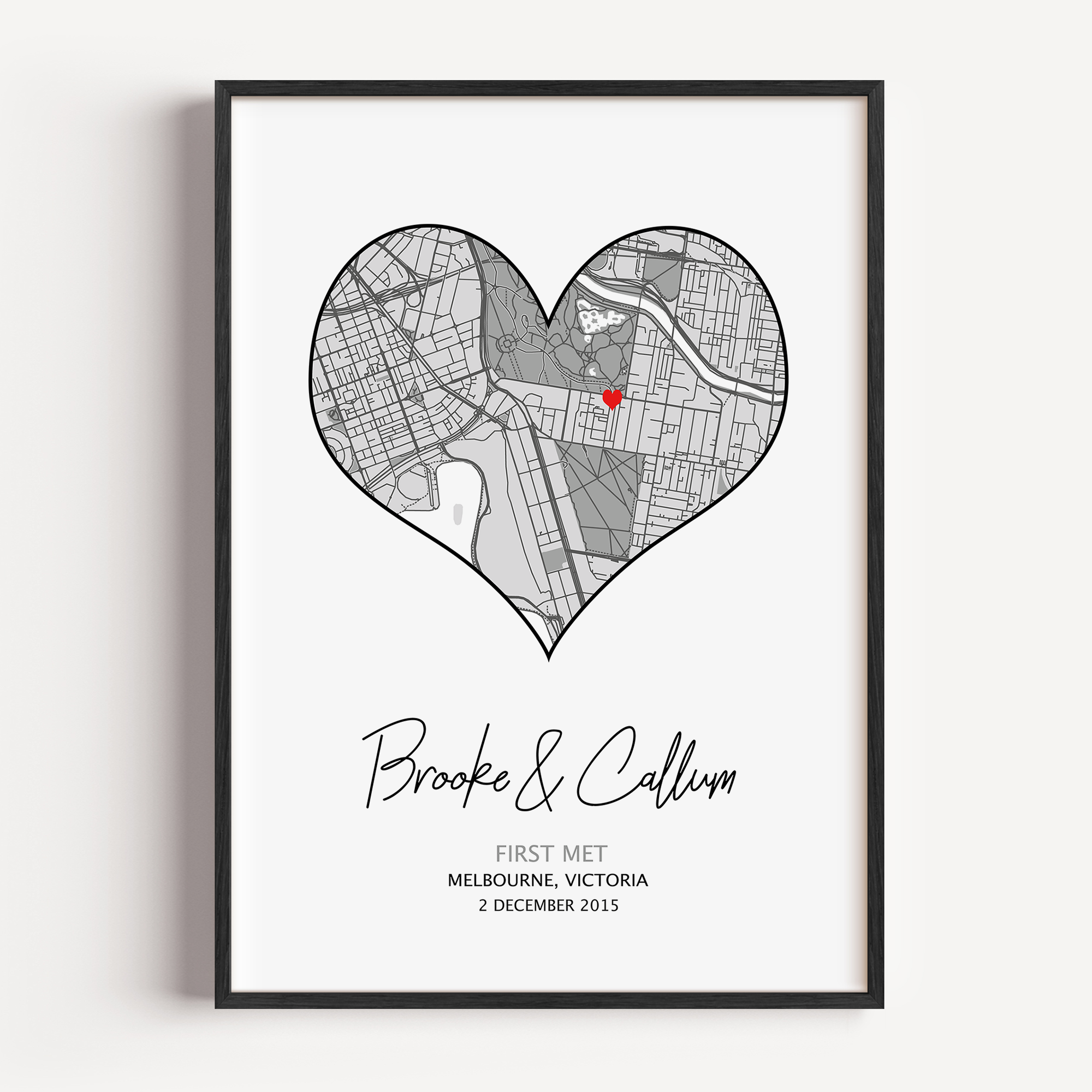 Heart-shaped map print with personalized text first met print