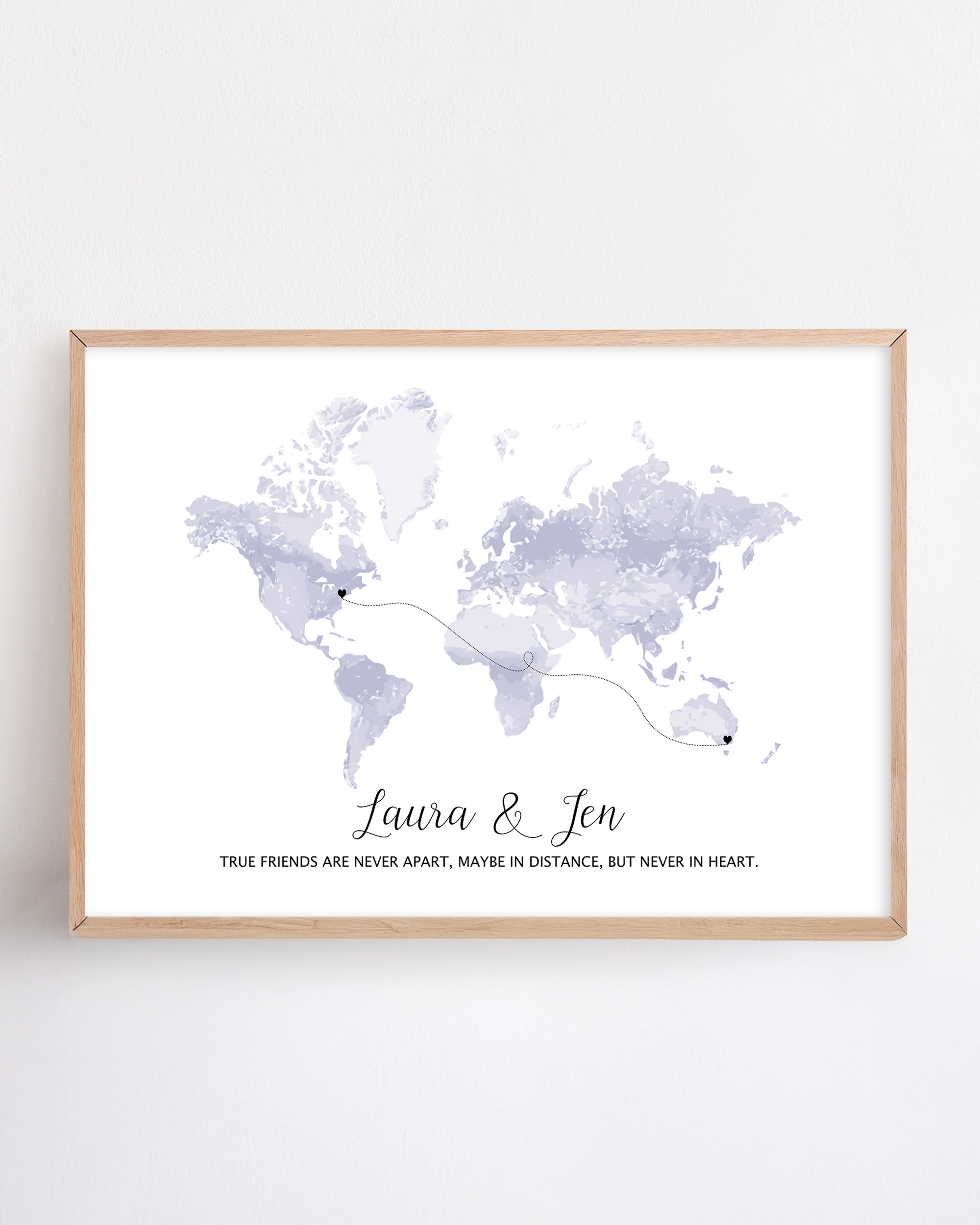 long distance friend gift framed with custom locations and quote "true friends are never apart, maybe in distance, but never in heart."