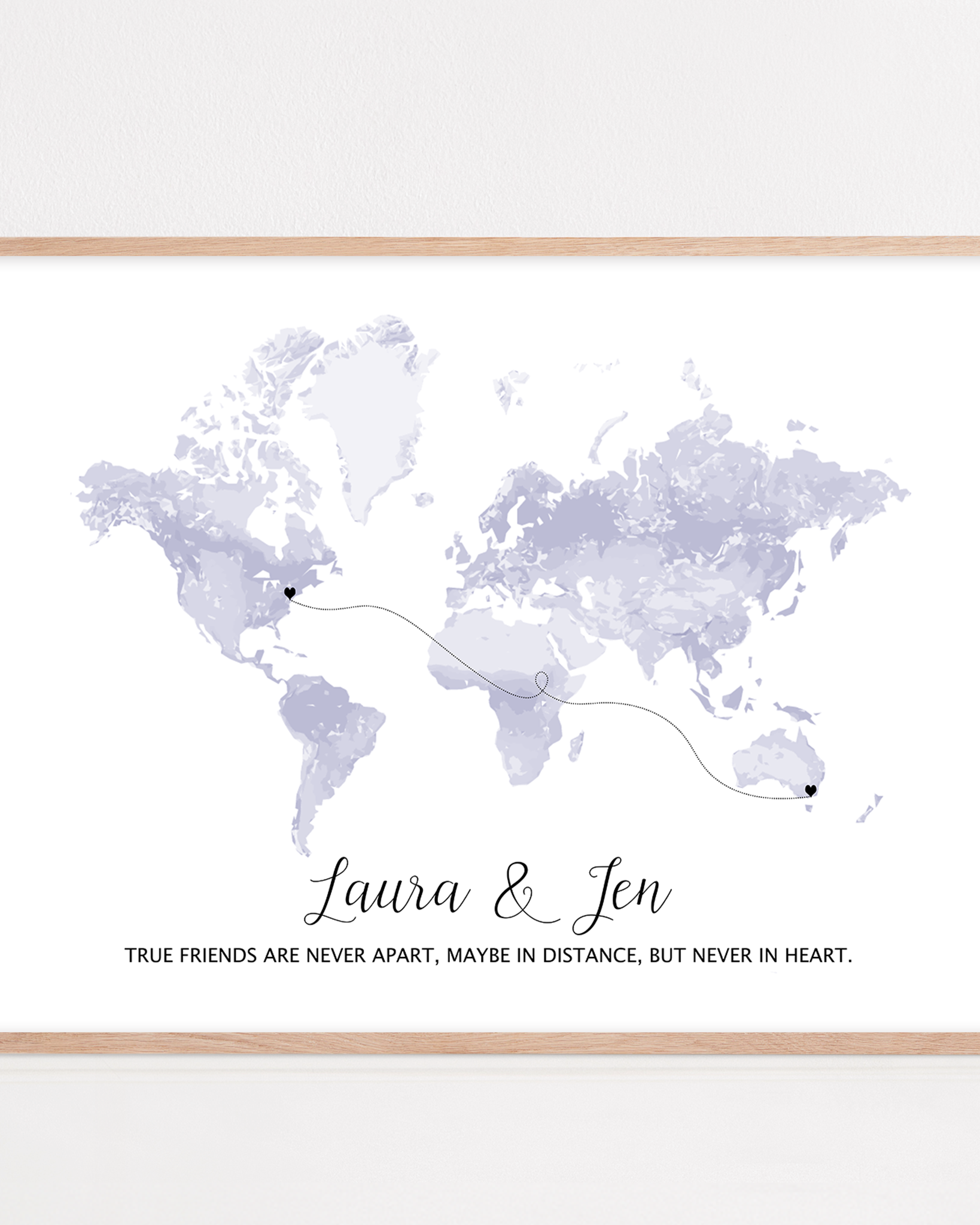 long distance friend gift framed with custom locations and quote "true friends are never apart, maybe in distance, but never in heart."