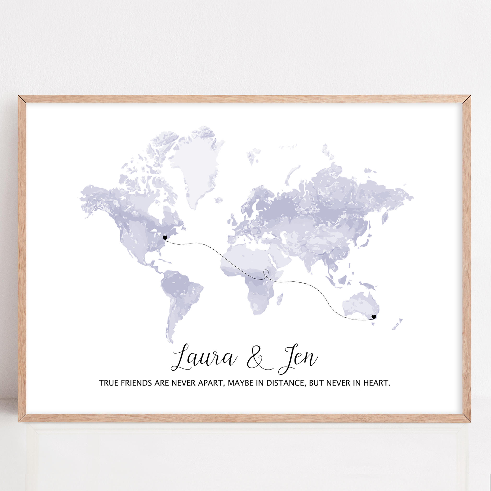 long distance friend gift framed with custom locations and quote "true friends are never apart, maybe in distance, but never in heart."