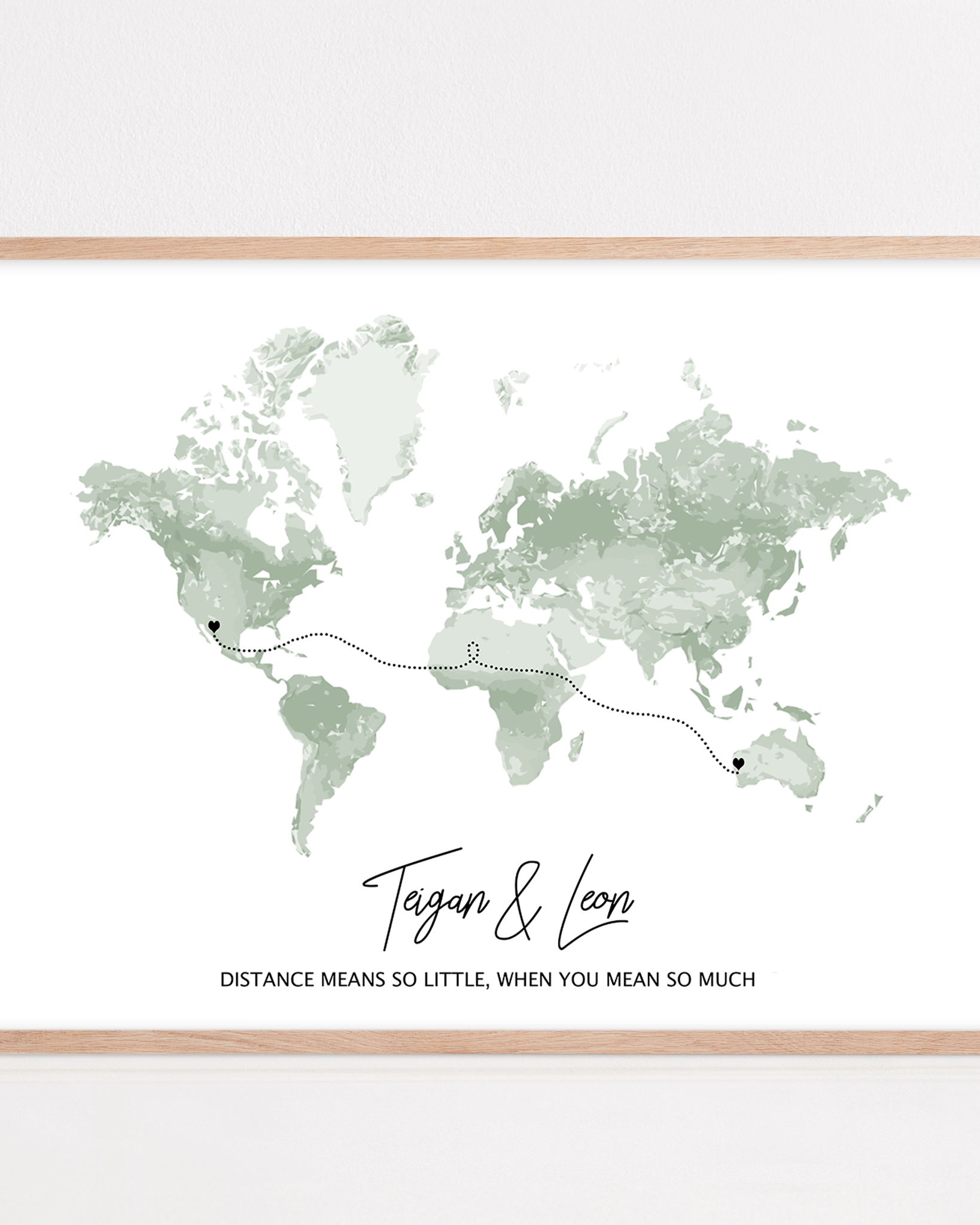 long distance custom gift framed map print with names and two locations for long distance relationship