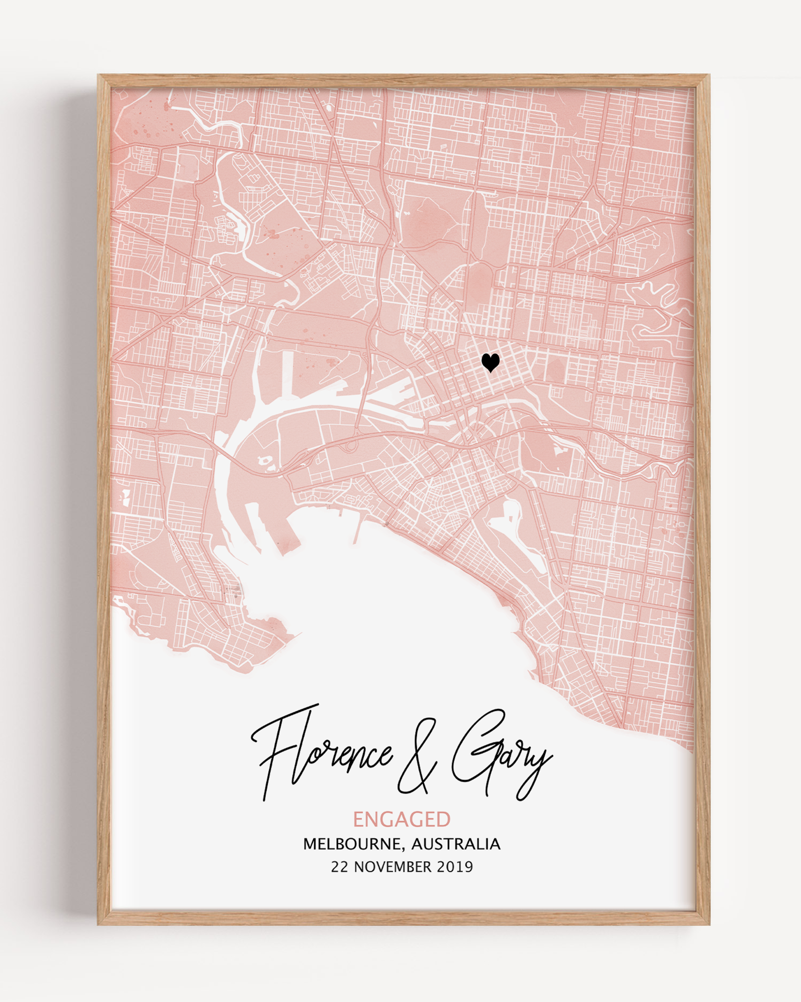 Personalized anniversary map print featuring a custom location with coordinates, names, and date—commemorating a special moment or place in a couple’s love story.