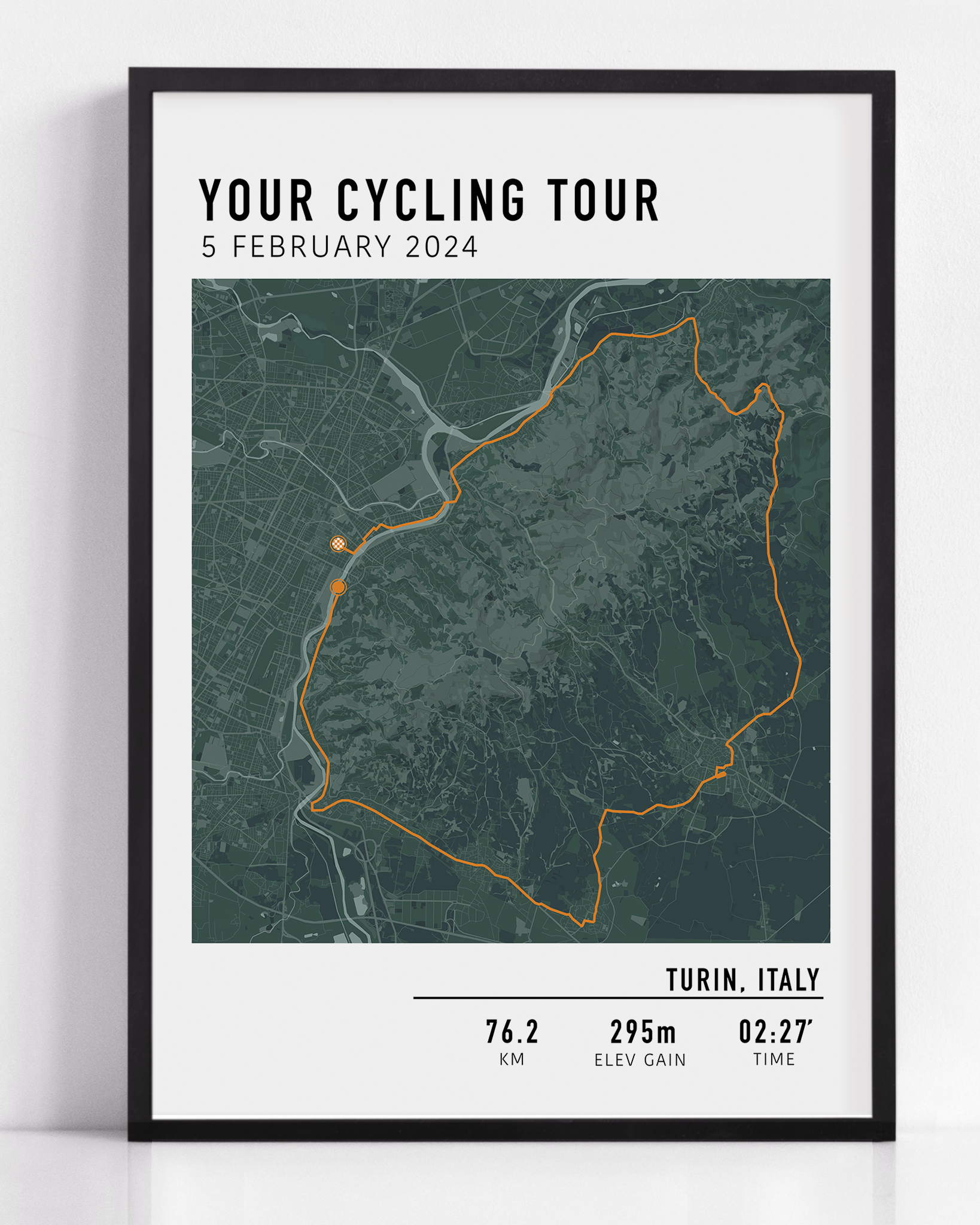 Custom cycling route print featuring a minimalist line map of a bike ride, personalized with route data uploaded by the rider, including distance, date, and location.