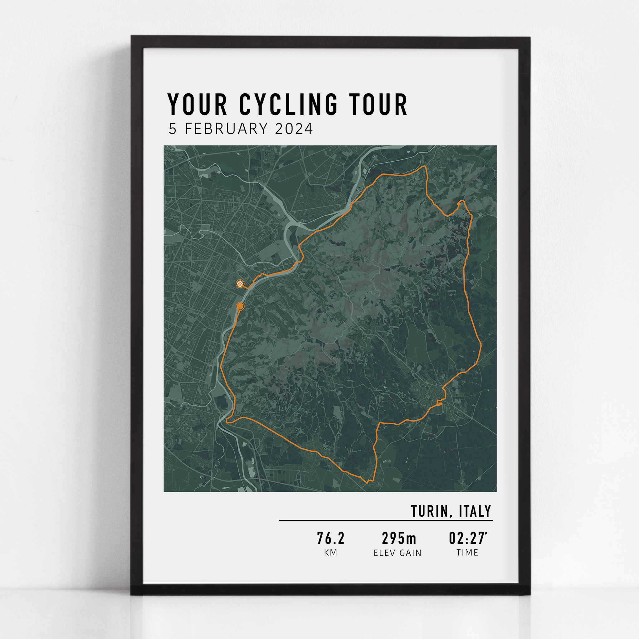 Custom cycling route print featuring a minimalist line map of a bike ride, personalized with route data uploaded by the rider, including distance, date, and location.