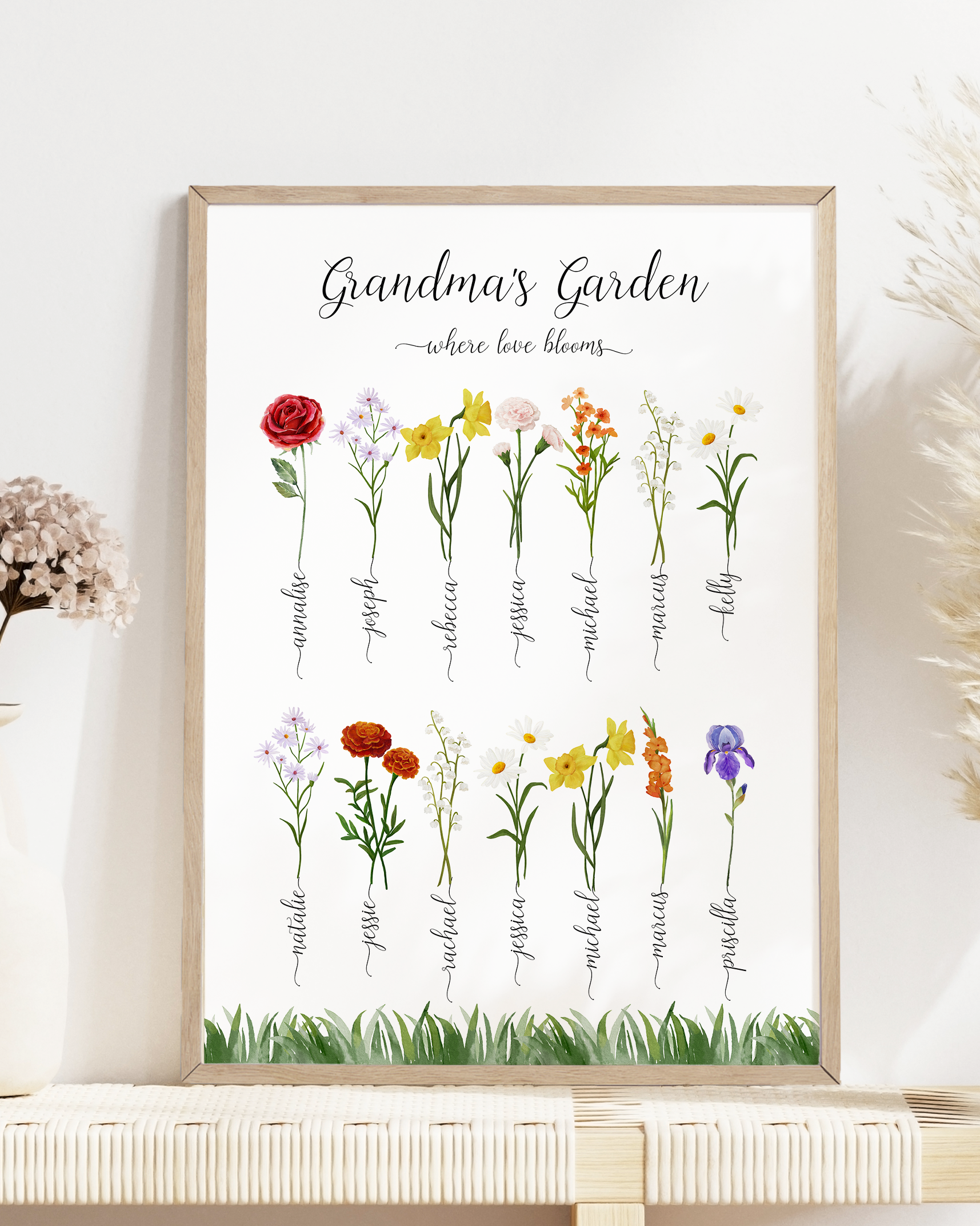 A beautiful framed print titled "Grandma's Garden," featuring delicate illustrations of birth month flowers representing each grandchild, creating a heartfelt and personalized gift for Grandma.