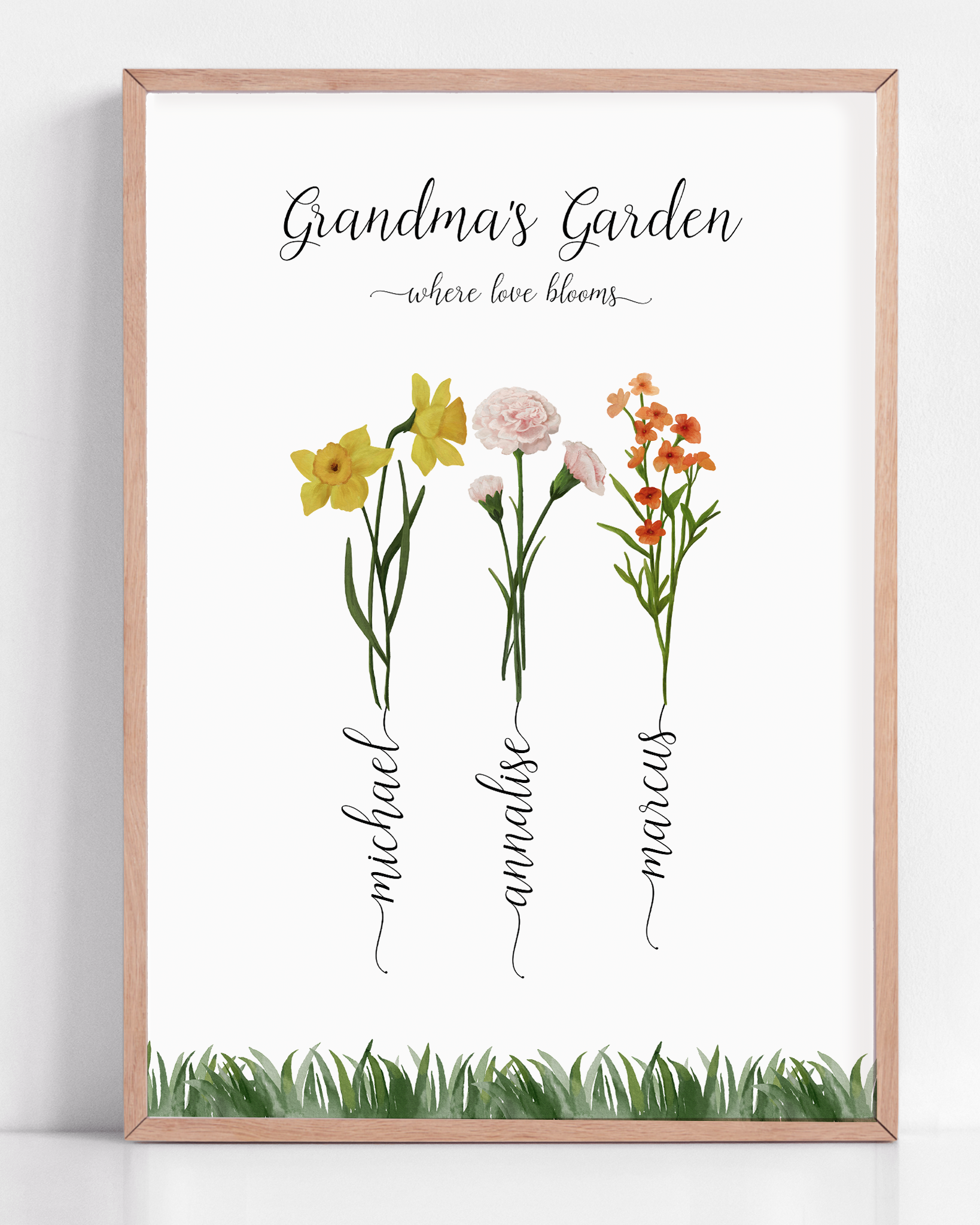 A beautiful framed print titled "Grandma's Garden," featuring delicate illustrations of birth month flowers representing each grandchild, creating a heartfelt and personalized gift for Grandma.