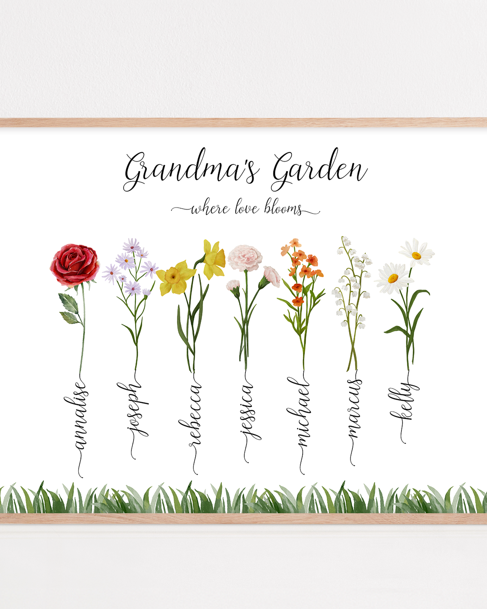 A beautiful framed print titled "Grandma's Garden," featuring delicate illustrations of birth month flowers representing each grandchild, creating a heartfelt and personalized gift for Grandma.