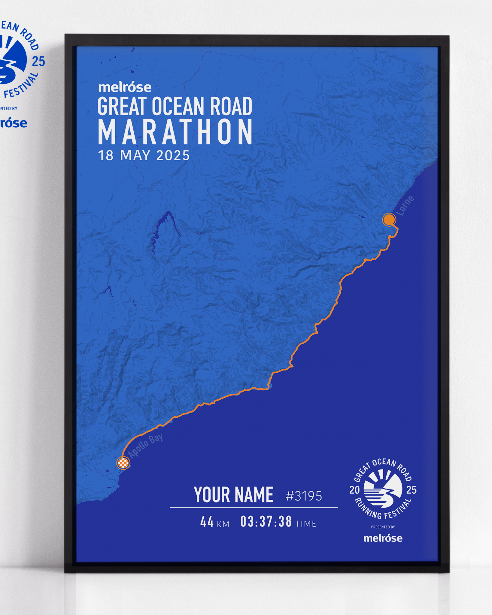 Official 2025 Great Ocean Road Marathon Print custom made for each athlete with their time, name and race number