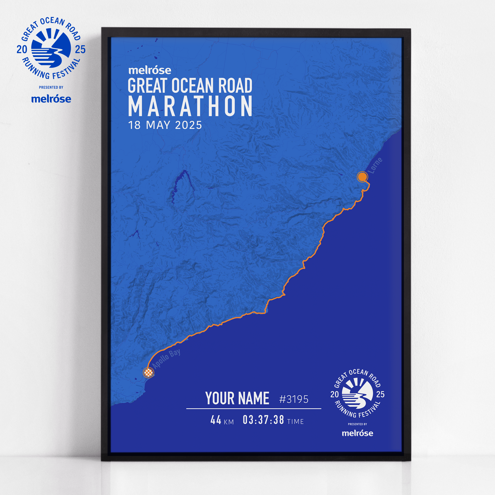 Official 2025 Great Ocean Road Marathon Print custom made for each athlete with their time, name and race number