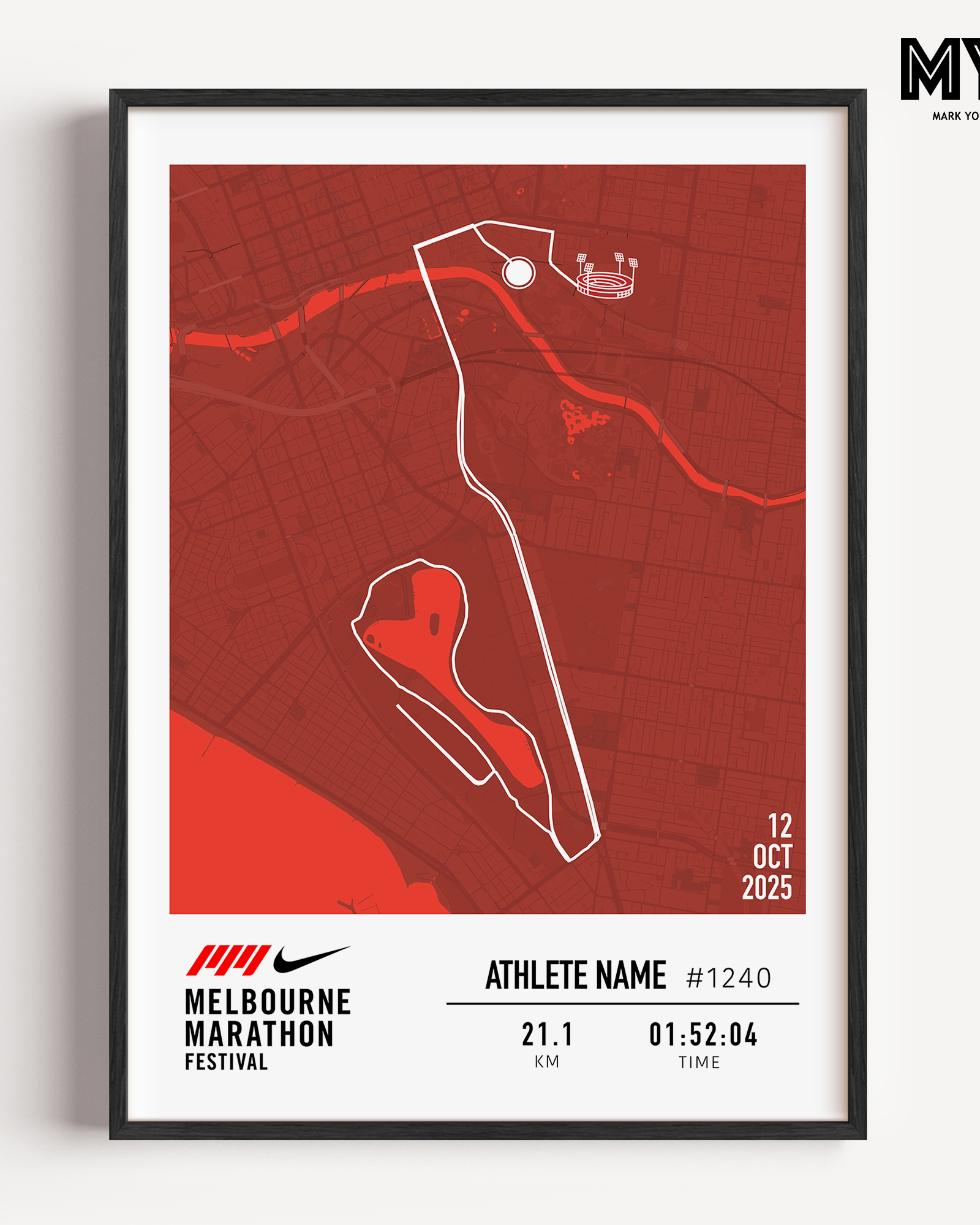 Framed map poster of the Melbourne Half Marathon with red background and black frame. Official Print in Partnership with the Melbourne Marathon, custom with runners statistics