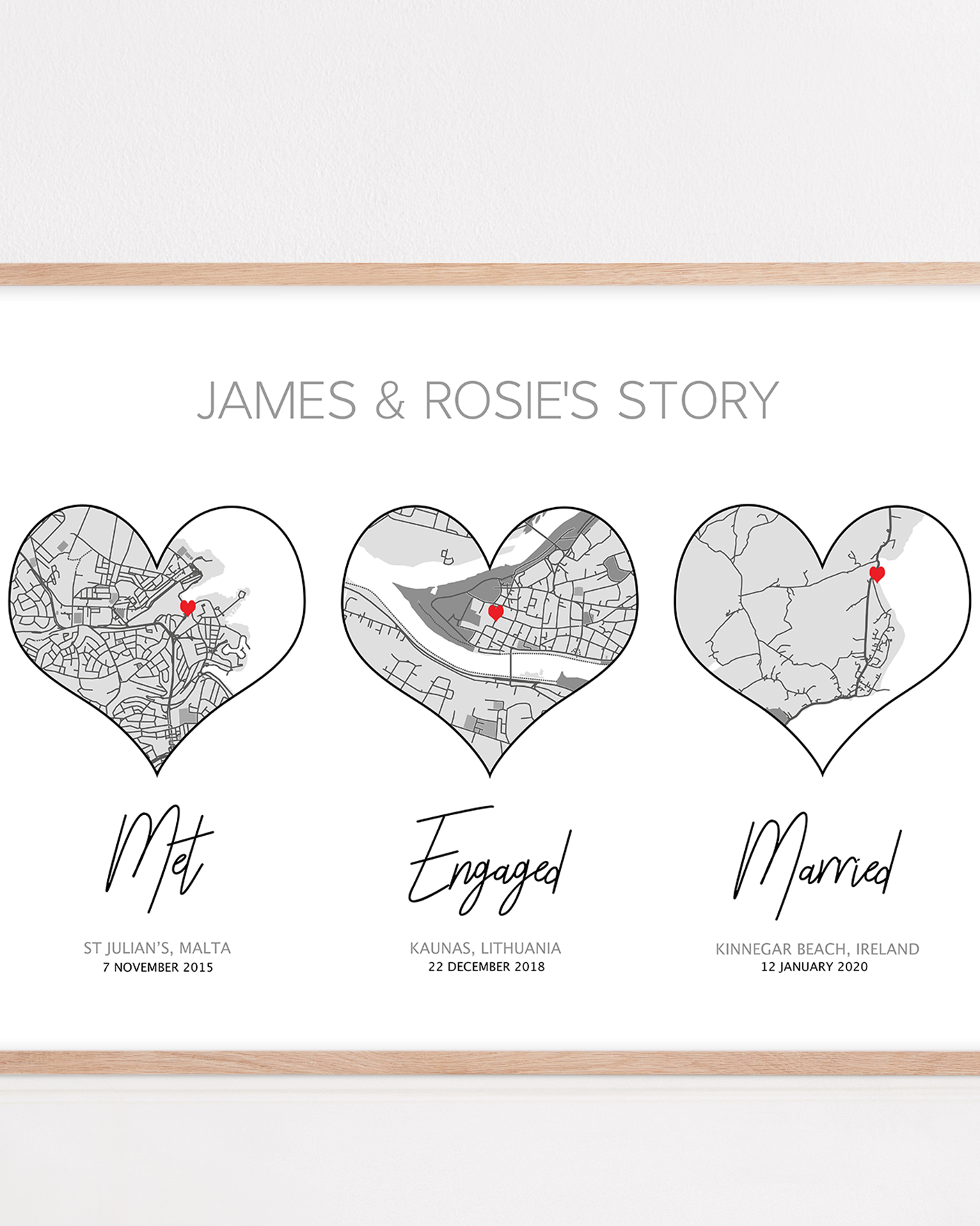 our story 3 hearts print framed custome hello will you i do framed location print