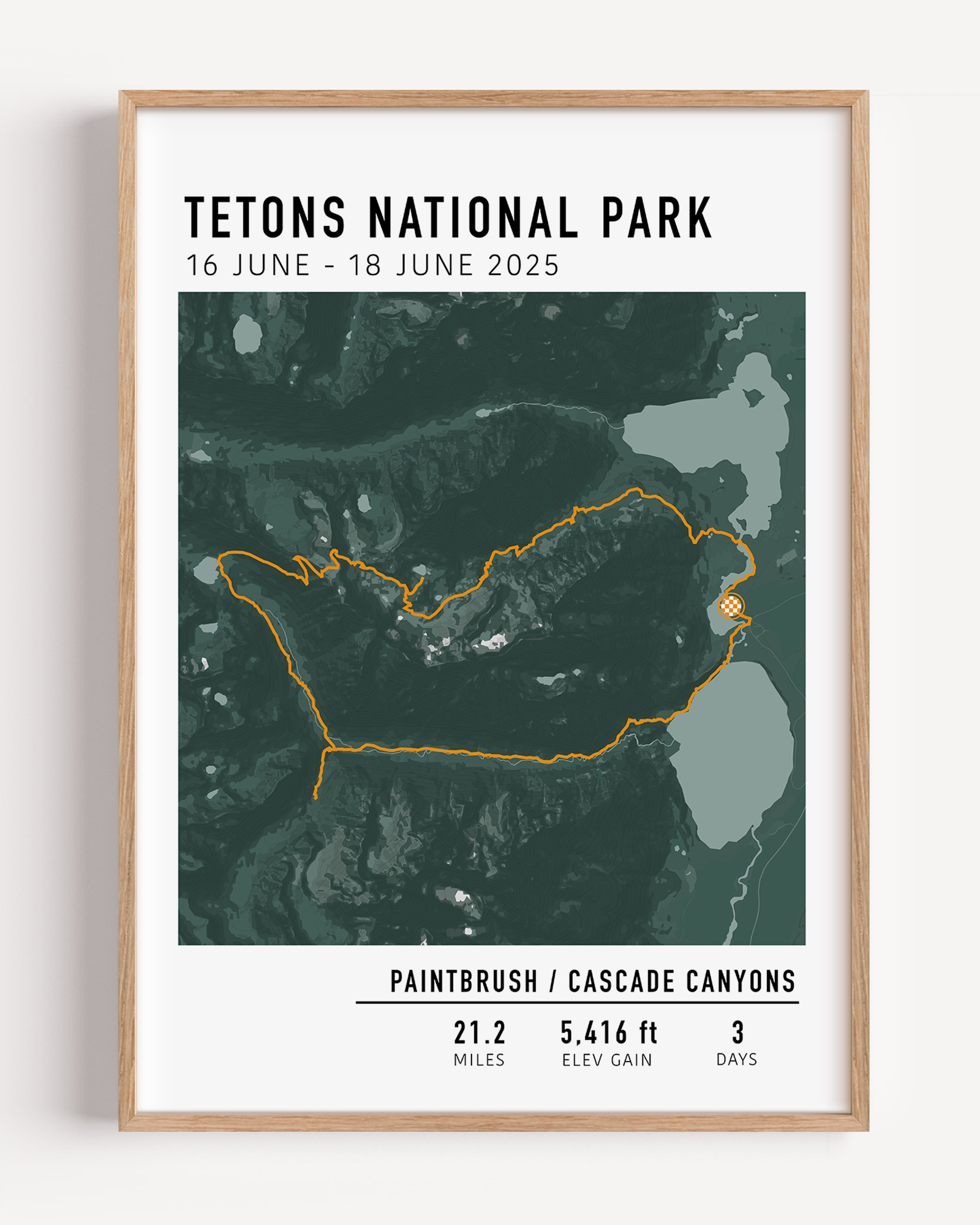 Personalized hiking map print showing a tracked trail route, elevation gain, and location name – custom wall art for hikers.