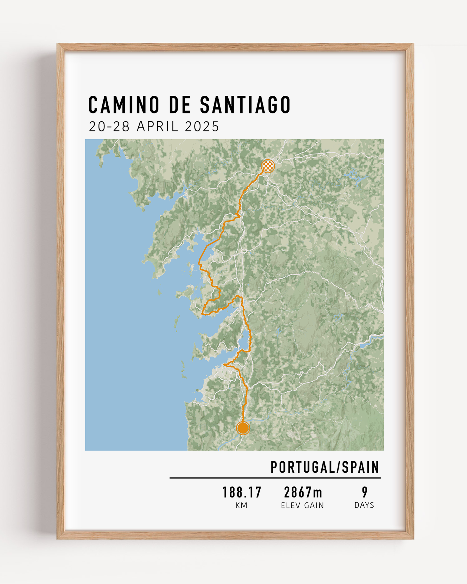 Custom hiking route print showing a personalized trail map with elevation profile and hike stats – perfect gift for hikers.