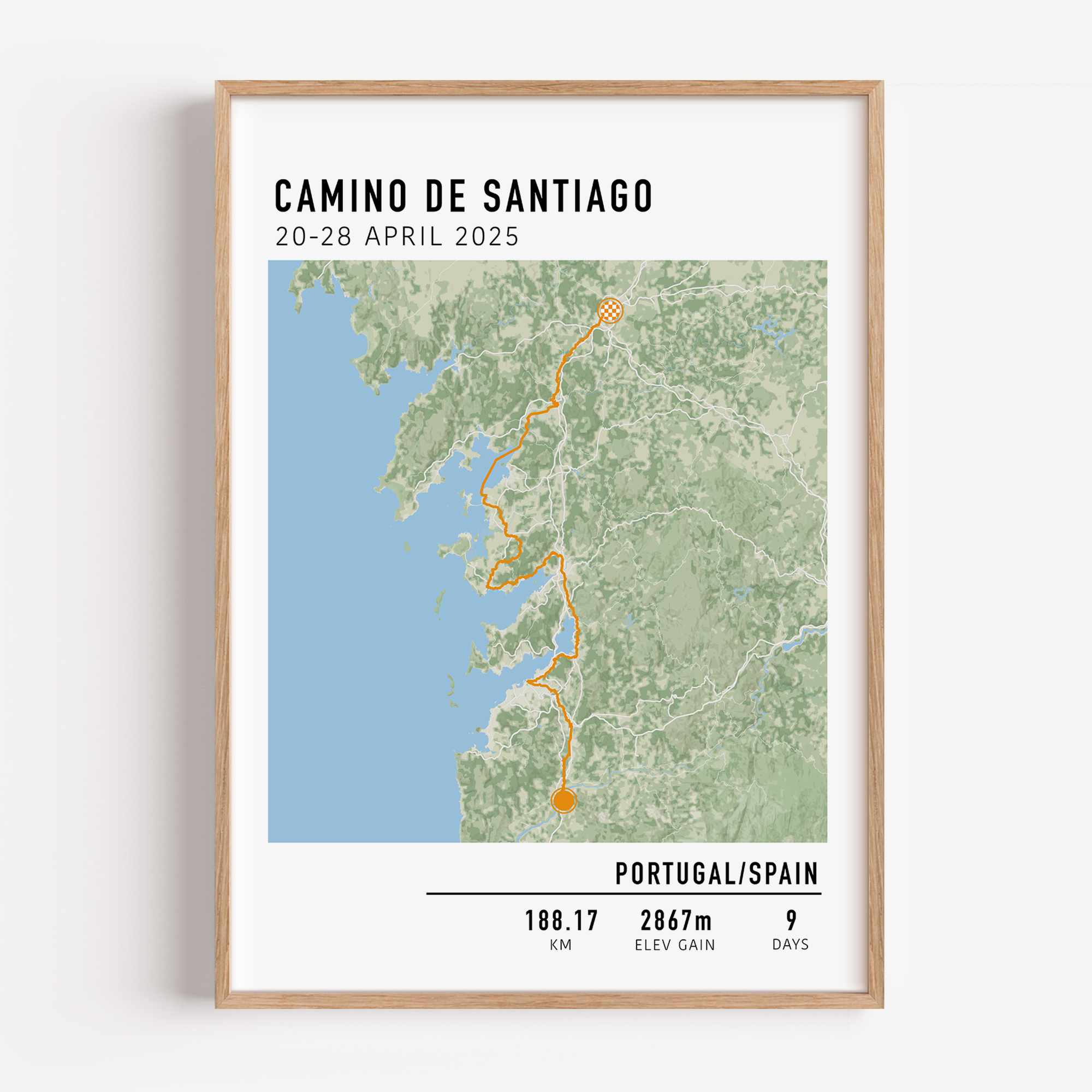 Custom hiking route print showing a personalized trail map with elevation profile and hike stats – perfect gift for hikers.