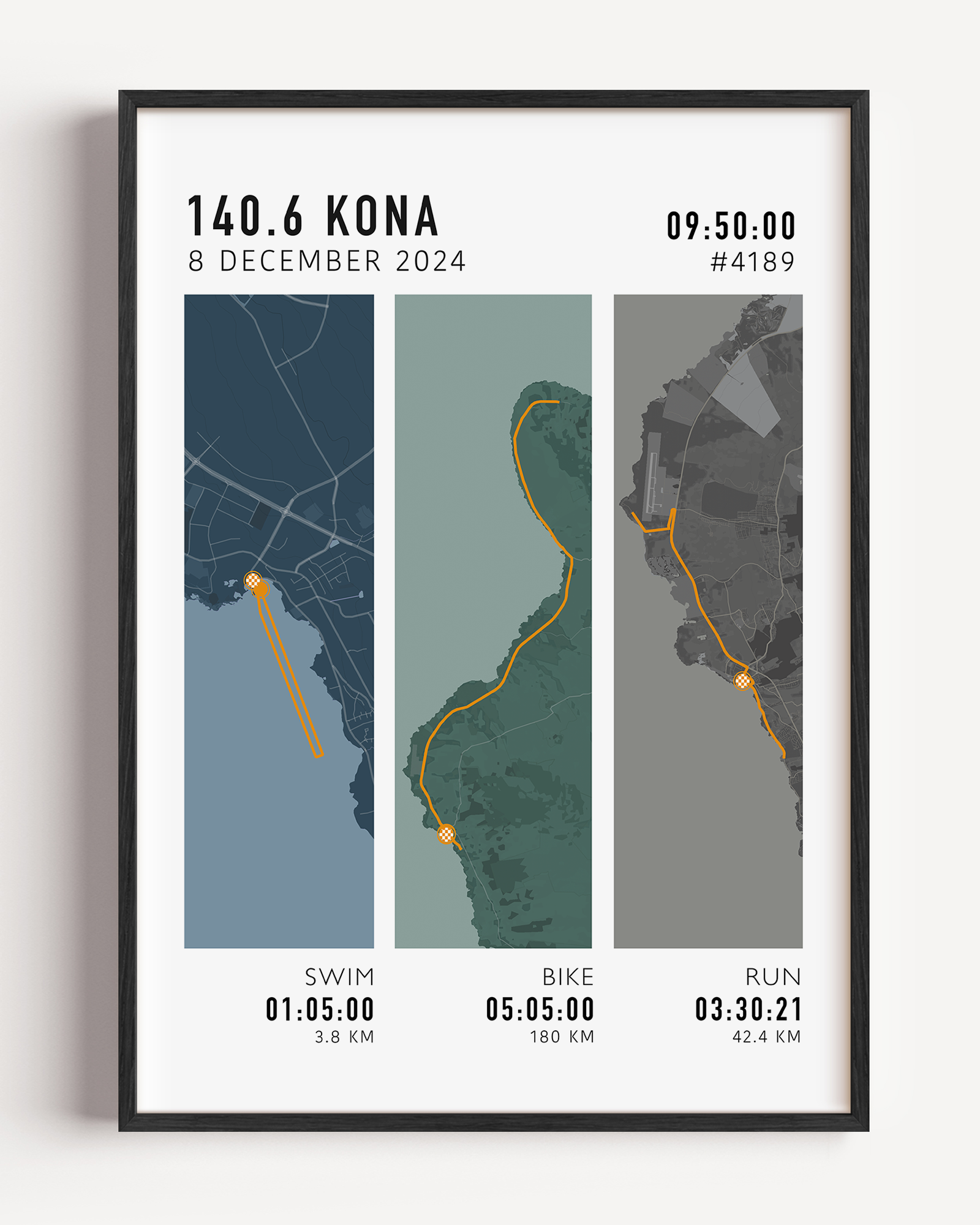 Personalised triathlon route print showing custom Ironman 140.6 race map with swim, bike and run segments