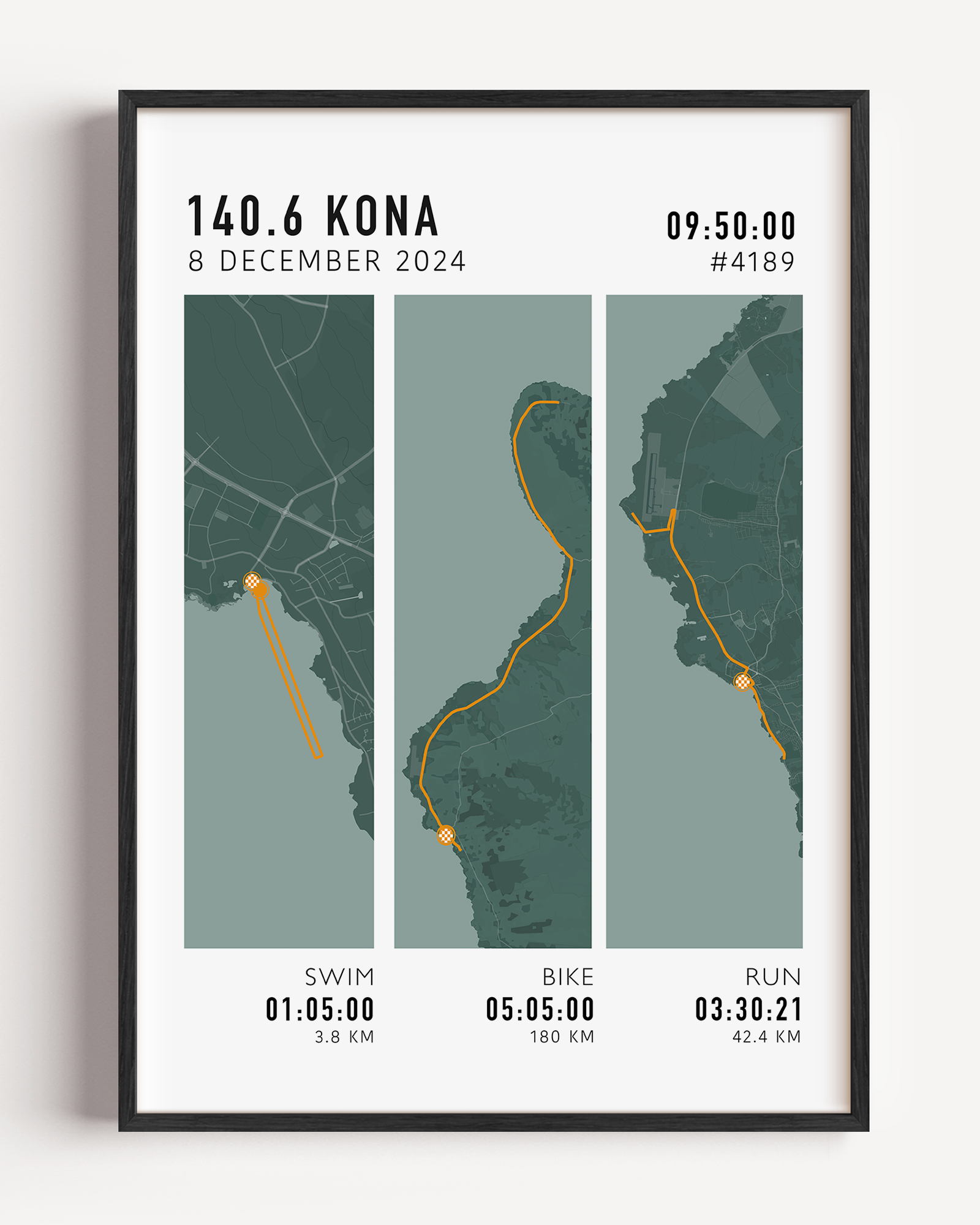 Custom Ironman 70.3 course artwork with athlete name, finish time and triathlon map design
