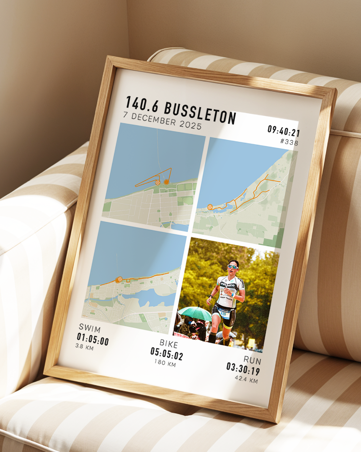 ironman or triathlon framed print with custom stats, custom routes and athlete image for a gift