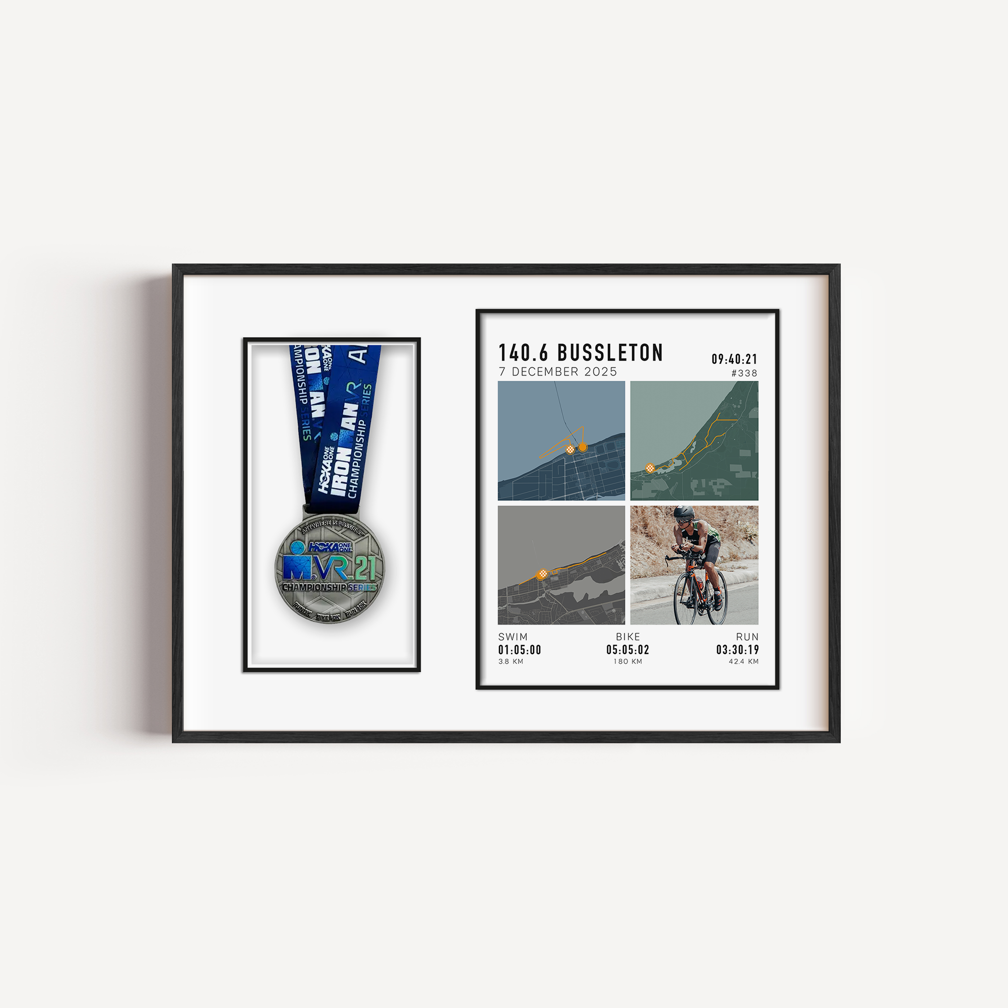 Custom Ironman triathlon route print with medal display and photo upload, personalised race map wall art for Ironman finishers
