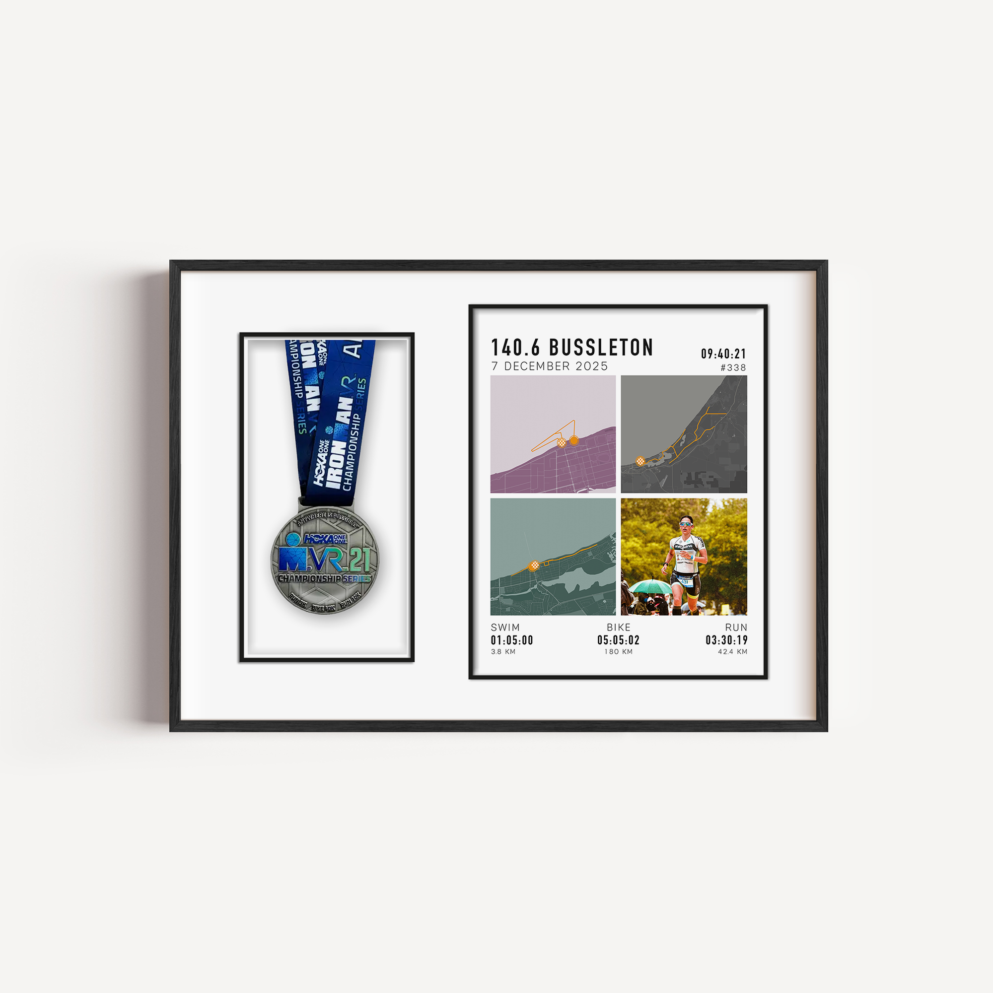 Custom Ironman triathlon course map print with medal display and uploaded race photo, personalised wall art for triathlon finishers