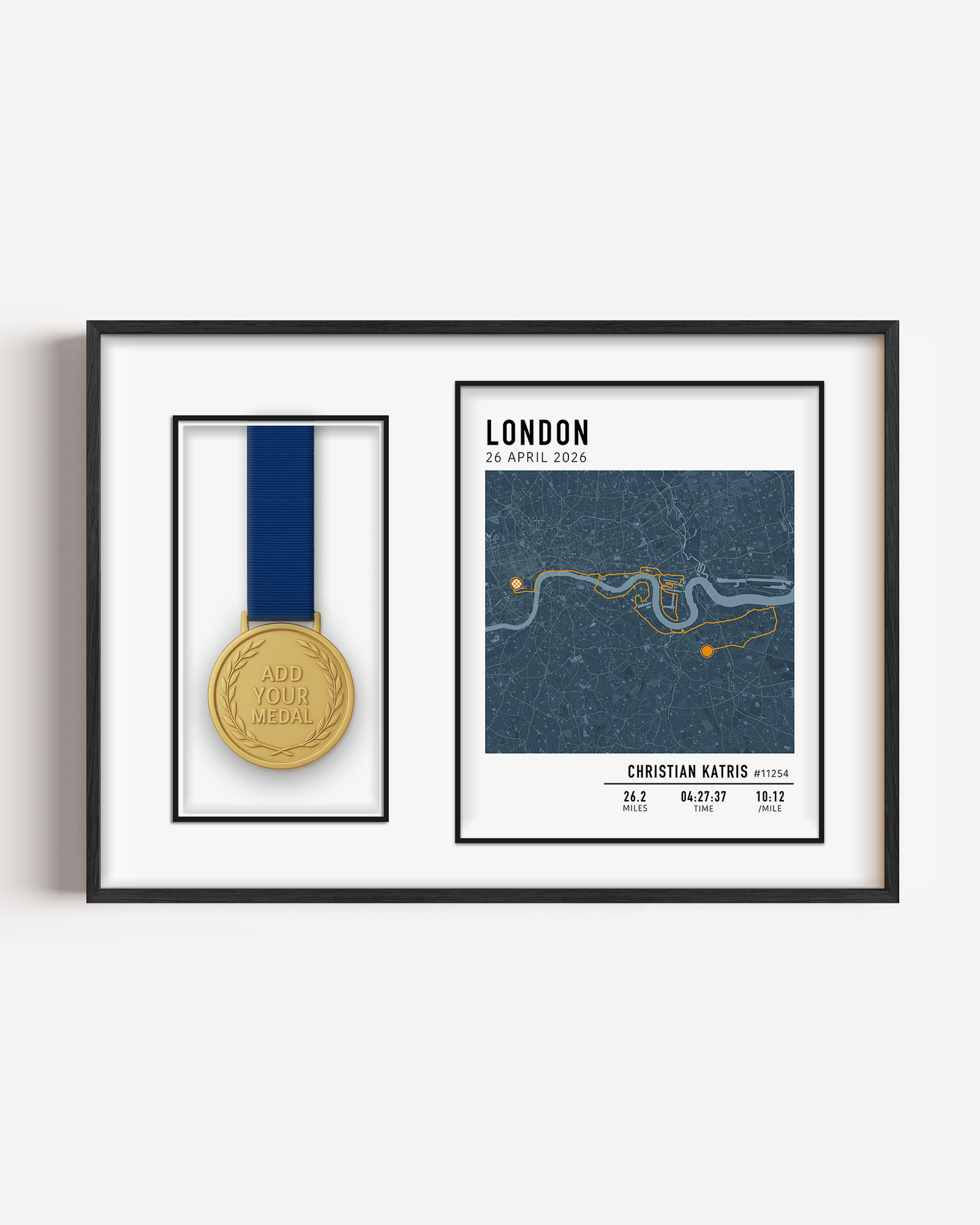 London marathon medal display frame with custom course route and stats