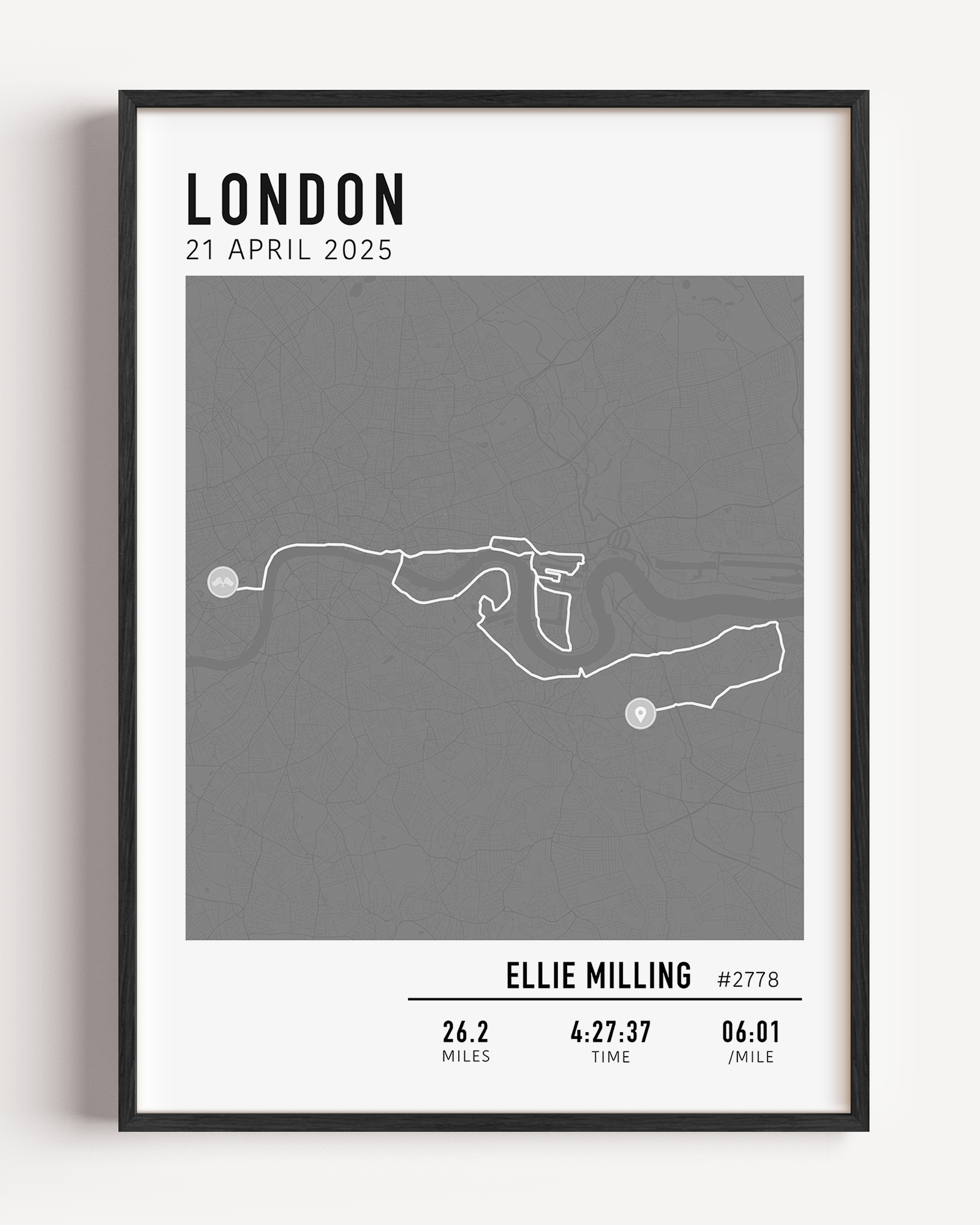 Framed custom art print of london marathon route, showing a minimalist line map of the running course with labeled start and finish points, event name, date, and distance.