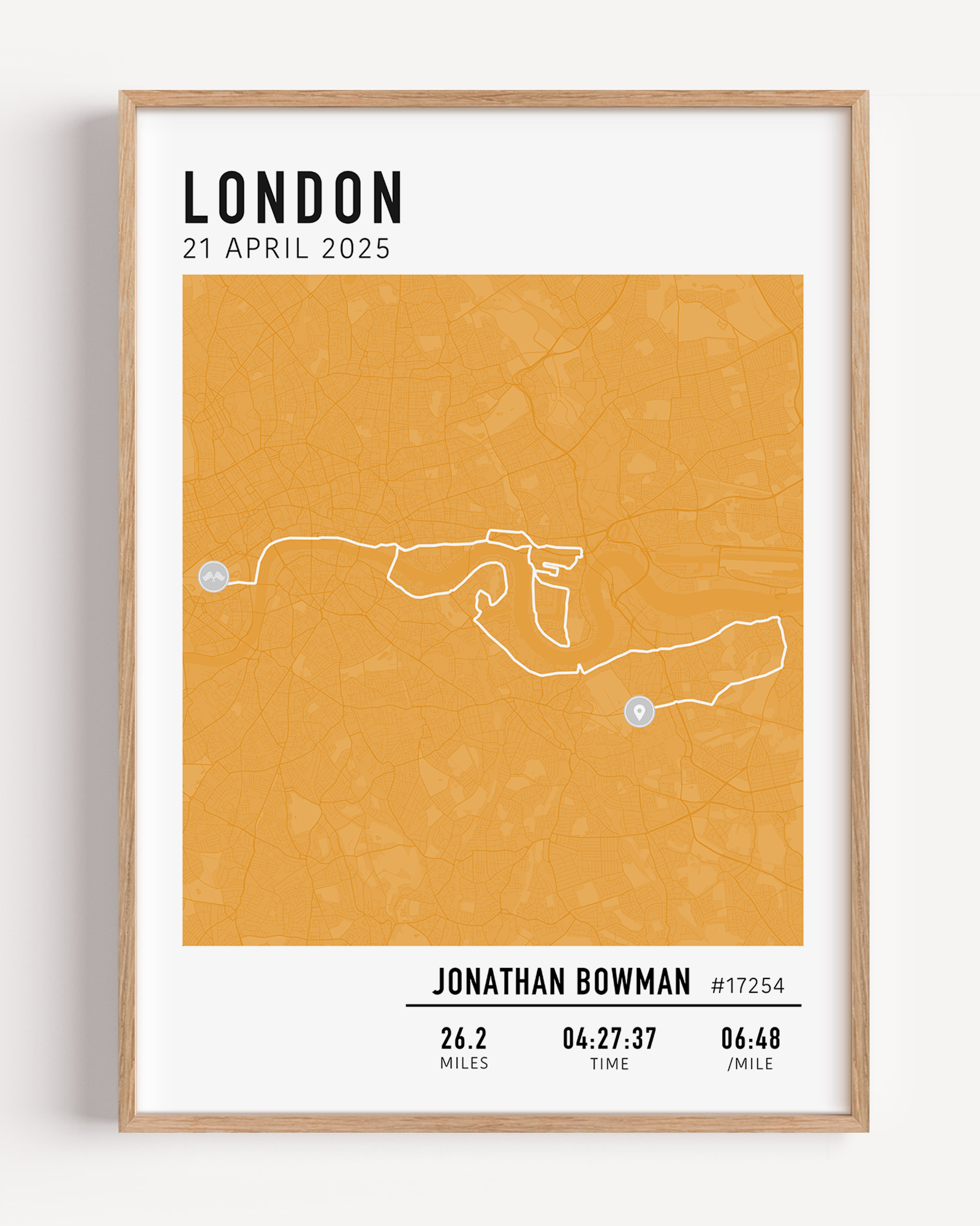 Framed custom art print of london marathon route, showing a minimalist line map of the running course with labeled start and finish points, event name, date, and distance.