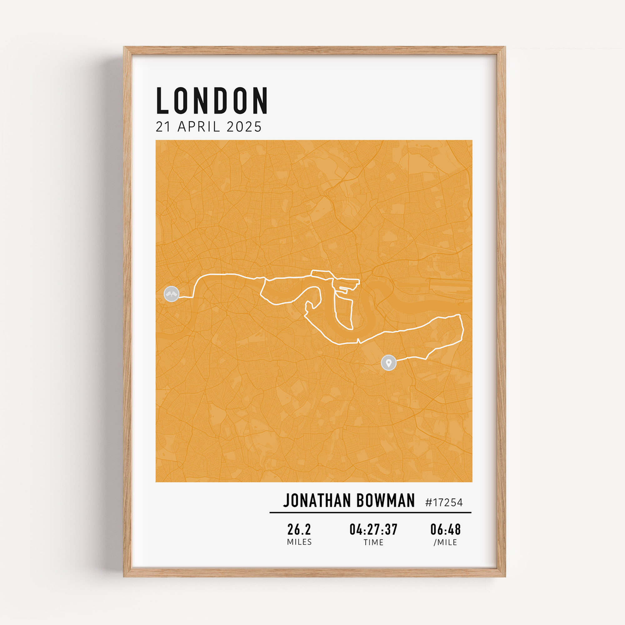 Framed custom art print of london marathon route, showing a minimalist line map of the running course with labeled start and finish points, event name, date, and distance.