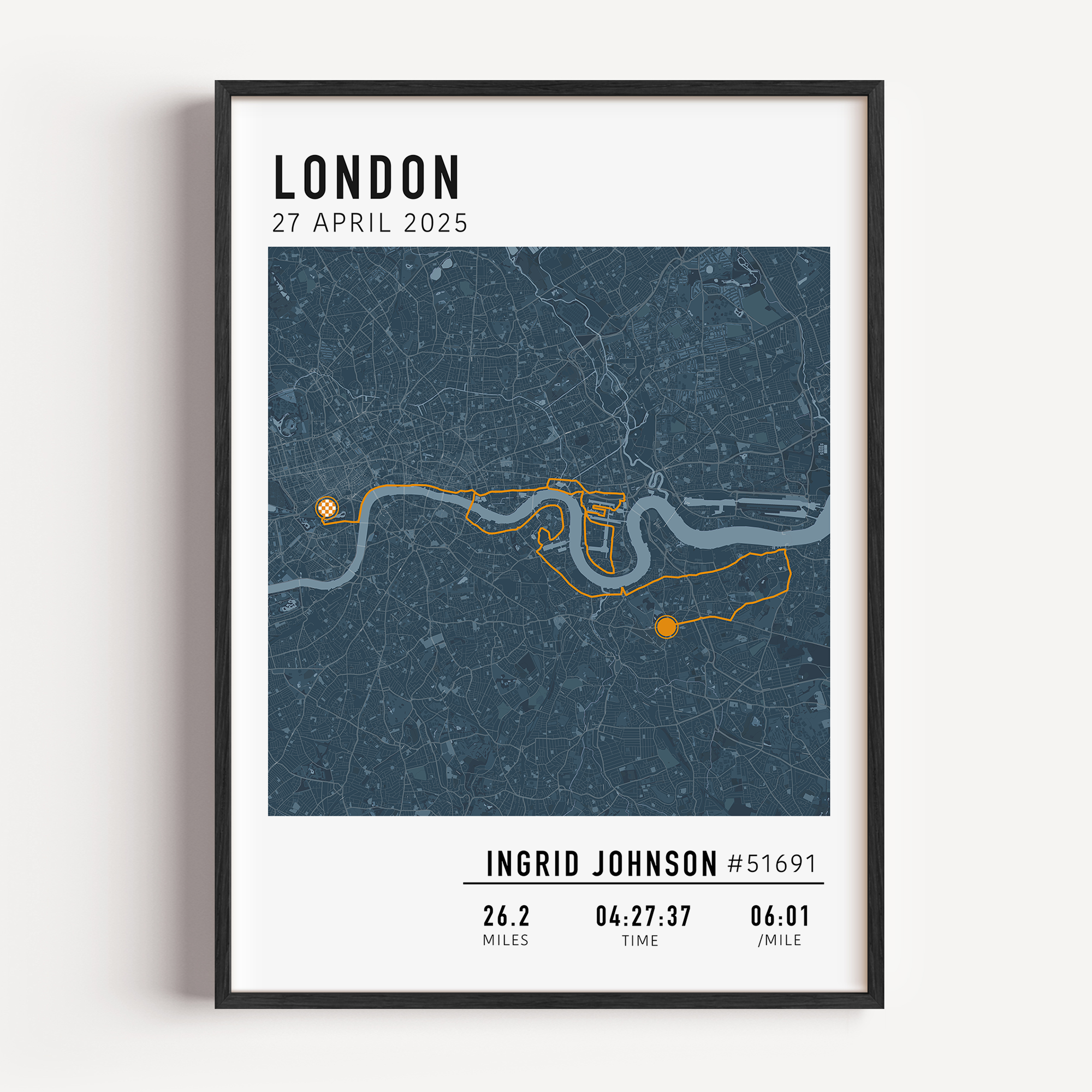 Custom London Marathon map poster displaying the iconic race route, personalized with GPX data. Ideal keepsake or London Marathon route gift for finishers and runners celebrating their achievements.