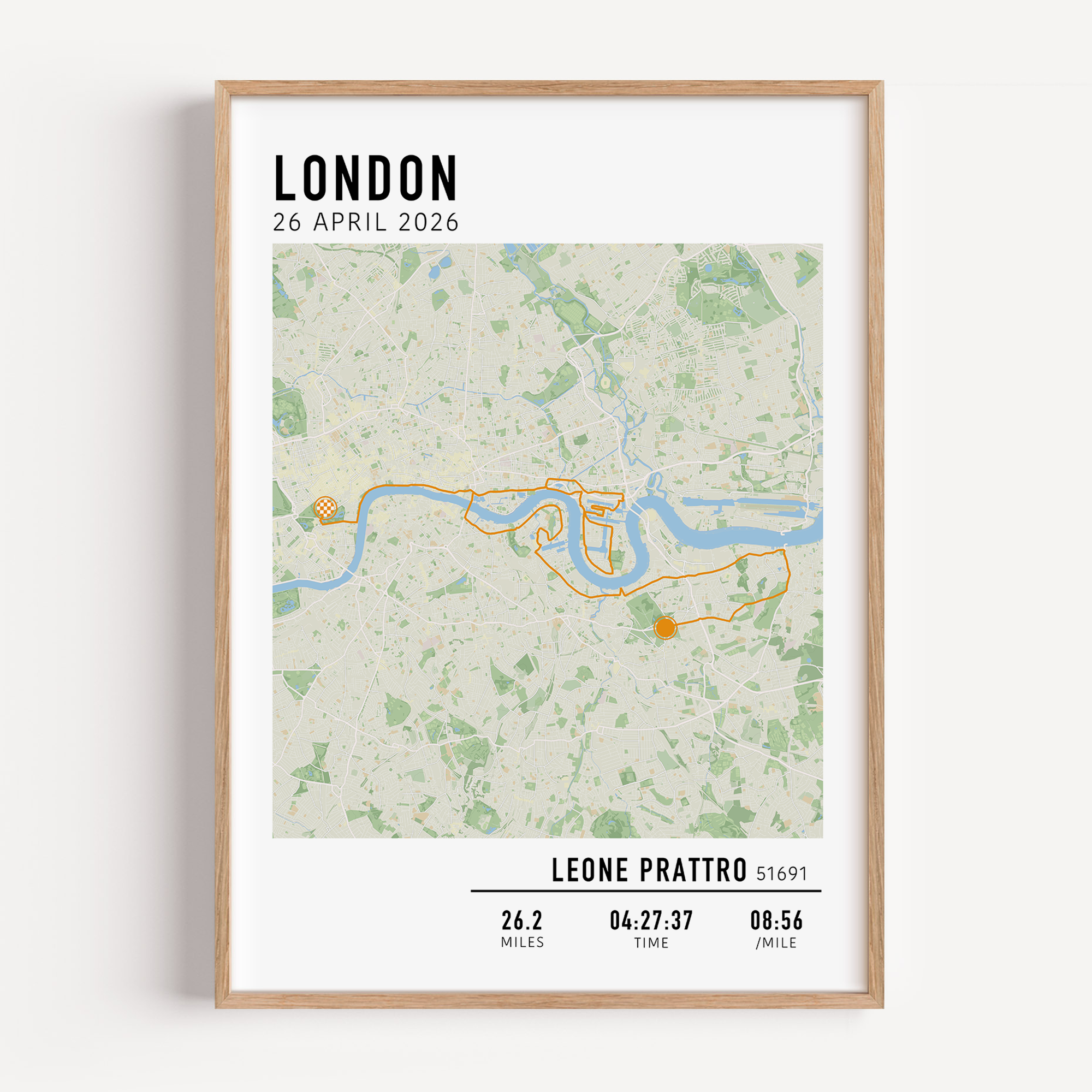Custom London Marathon map poster displaying the iconic race route, personalized with GPX data. Ideal keepsake or London Marathon route gift for finishers and runners celebrating their achievements.