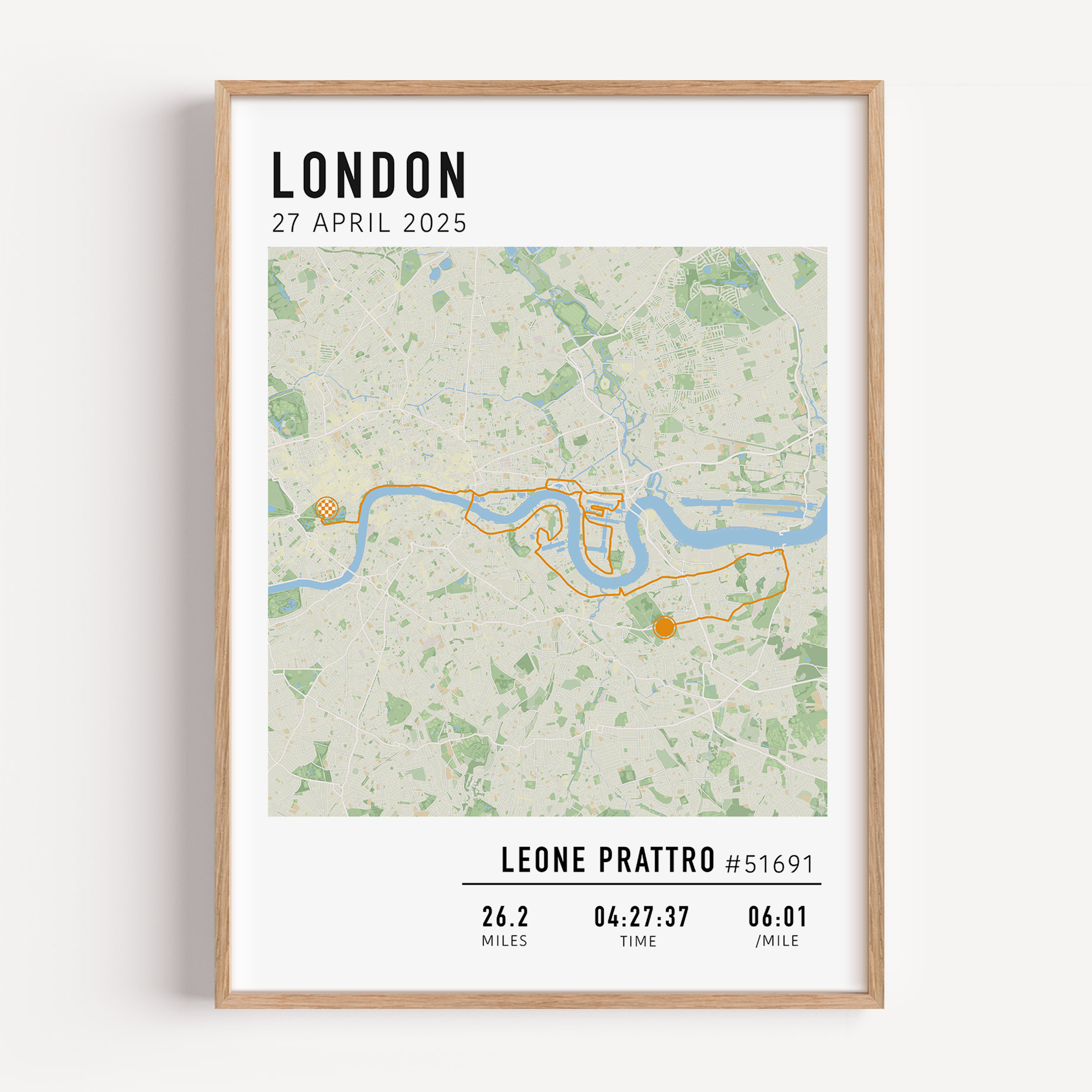 Custom marathon map poster displaying a personalized race route, created from GPX data. Perfect keepsake or marathon route gift for runners celebrating their achievements and special race moments.