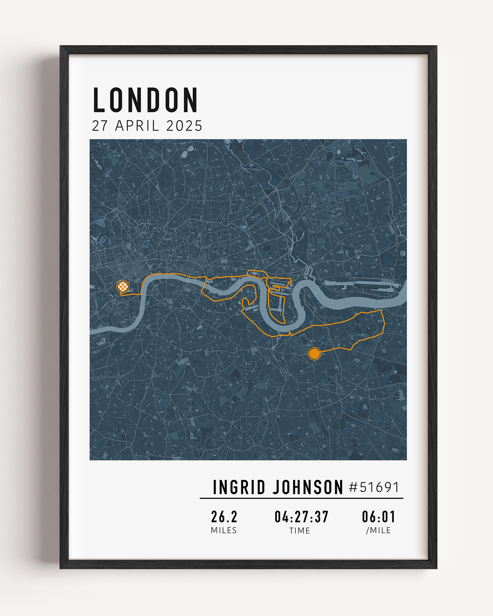 Custom London Marathon map poster displaying the iconic race route, personalized with GPX data. Ideal keepsake or London Marathon route gift for finishers and runners celebrating their achievements.
