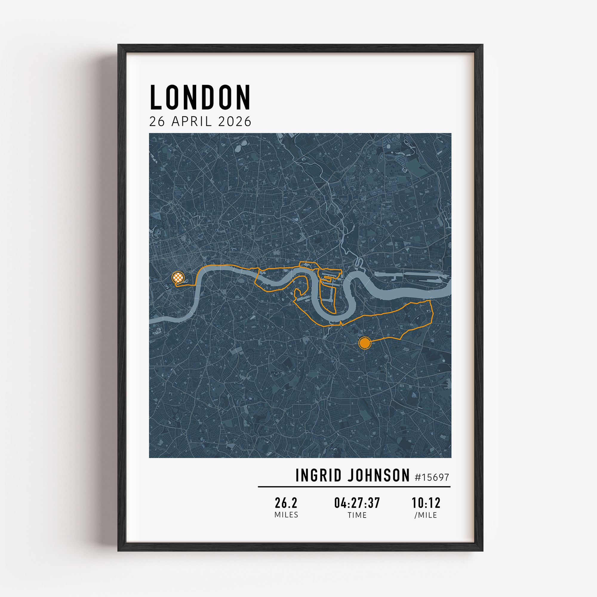 Custom London Marathon map poster displaying the iconic race route, personalized with GPX data. Ideal keepsake or London Marathon route gift for finishers and runners celebrating their achievements.