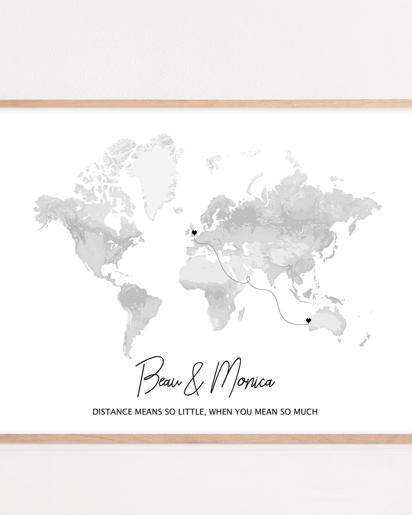 long distance custom gift framed map print with names and two locations for long distance relationship