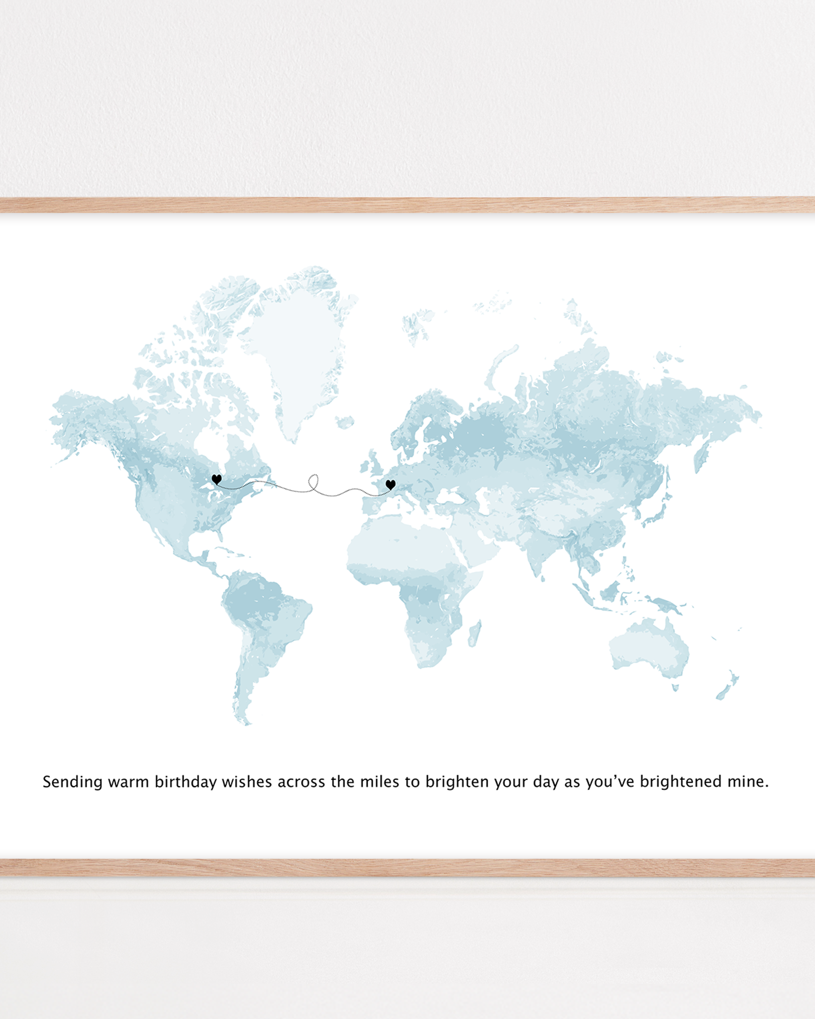 long distance friend gift framed with custom locations and quote "sending birthday wishes across the miles to brighten your day as you've brightened mine"