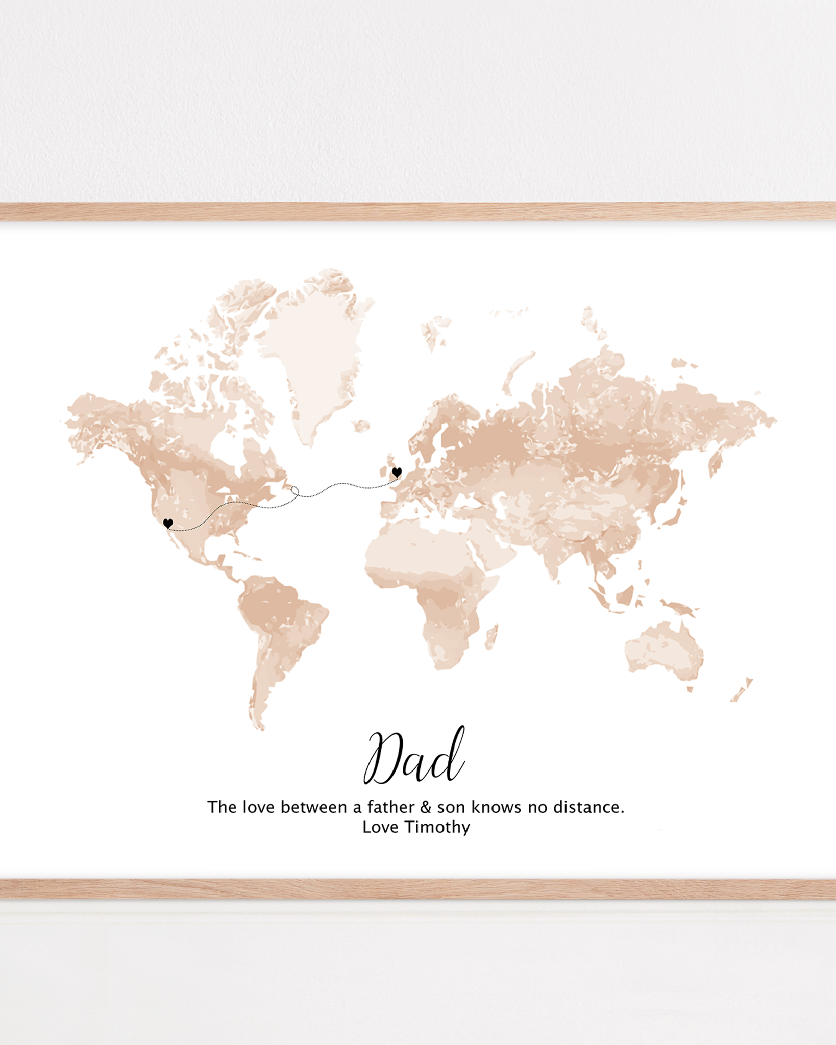 Custom long-distance dad gift featuring a world map with hearts connecting two locations—symbolizing the bond between father and child across distance.