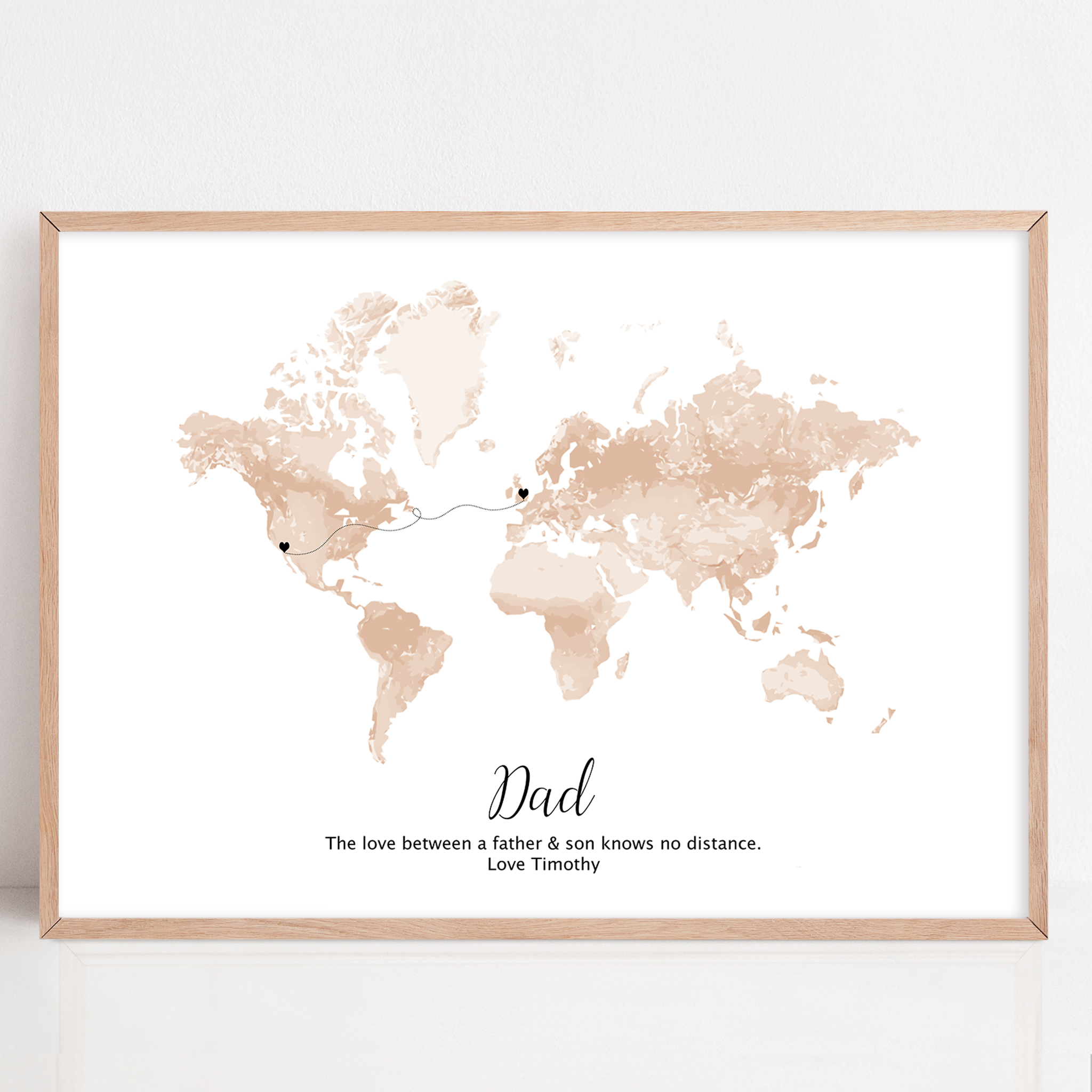 Custom long-distance dad gift featuring a world map with hearts connecting two locations—symbolizing the bond between father and child across distance.