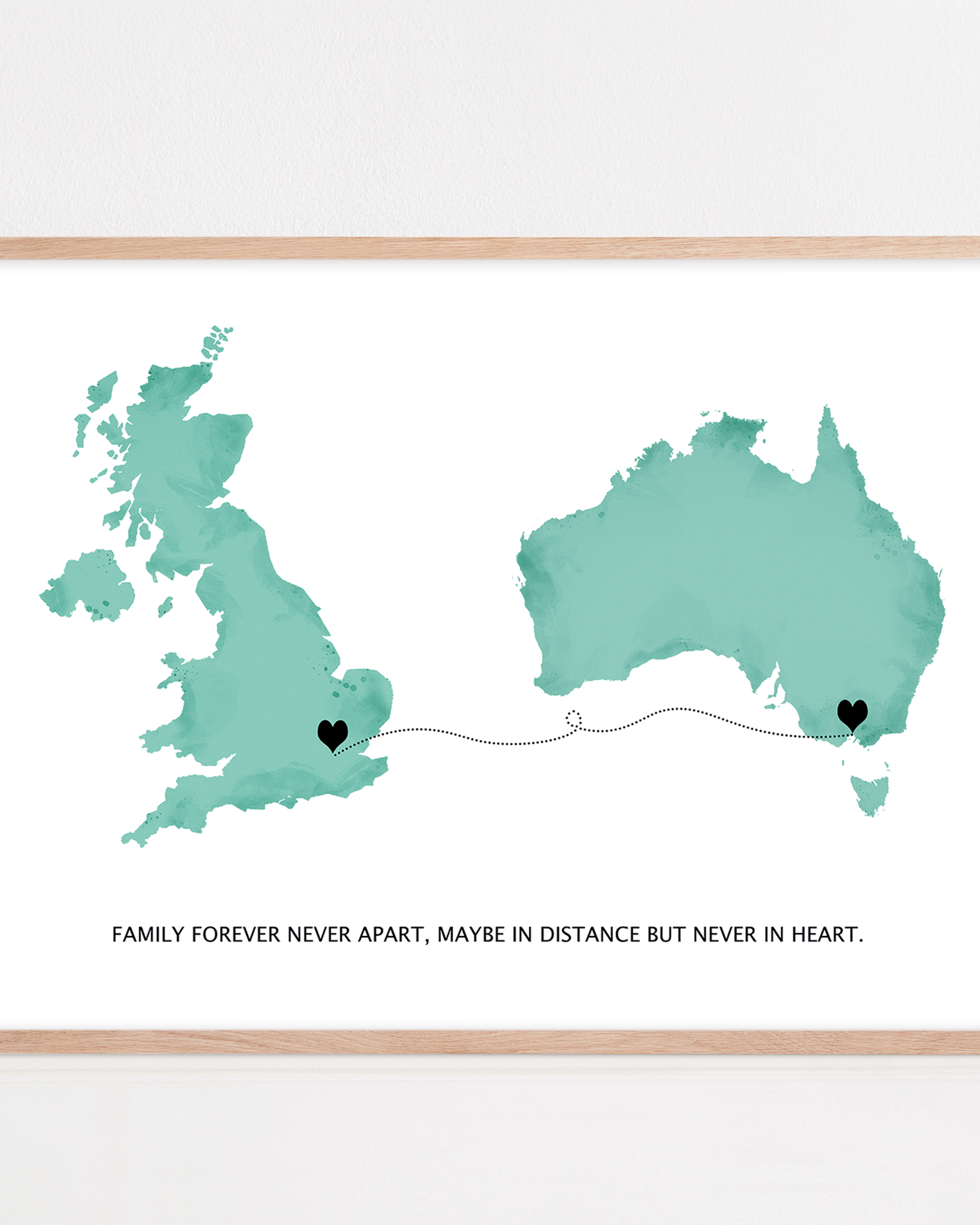 Long Distance Family Gift framed print London to Australia, Long Distance Map Print, Maybe in distance, never in heart quote