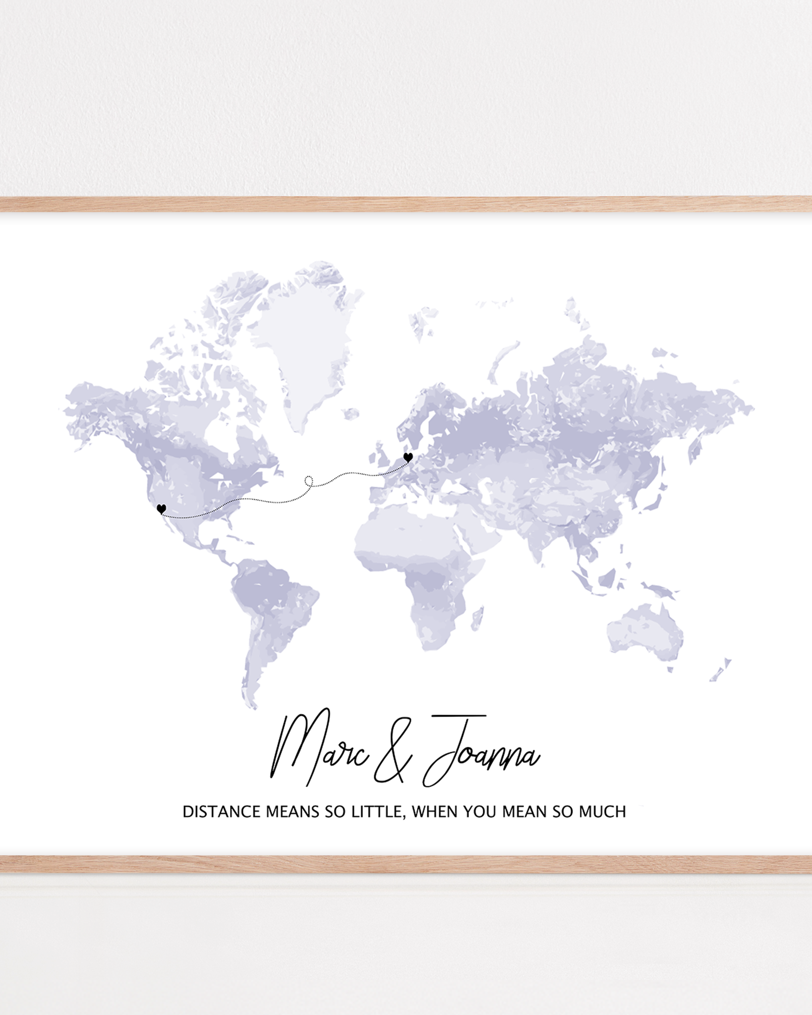 long distance custom gift framed map print with names and two locations for long distance relationship